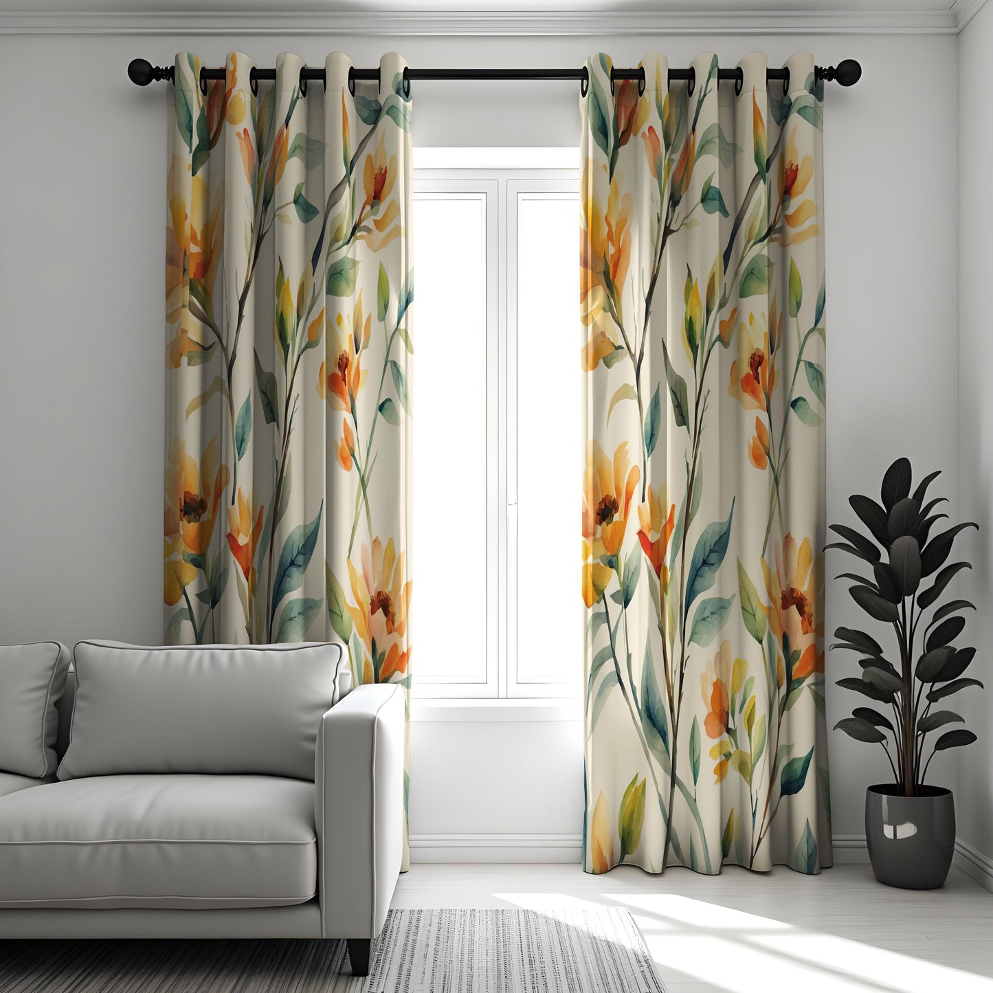 Bright Floral Watercolor Curtain, Yellow&Orange Flowers with Green Leaves Drape