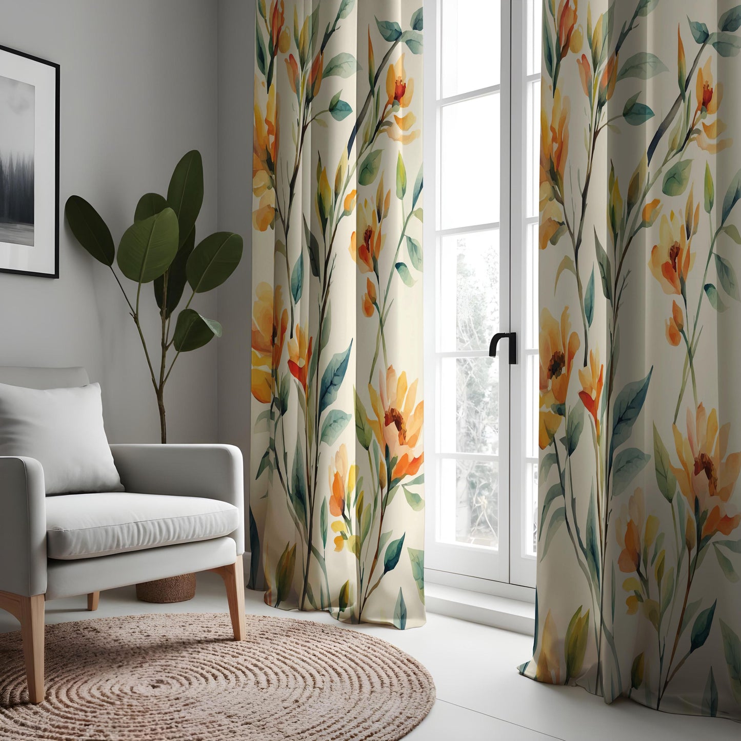 Bright Floral Watercolor Curtain, Yellow&Orange Flowers with Green Leaves Drape