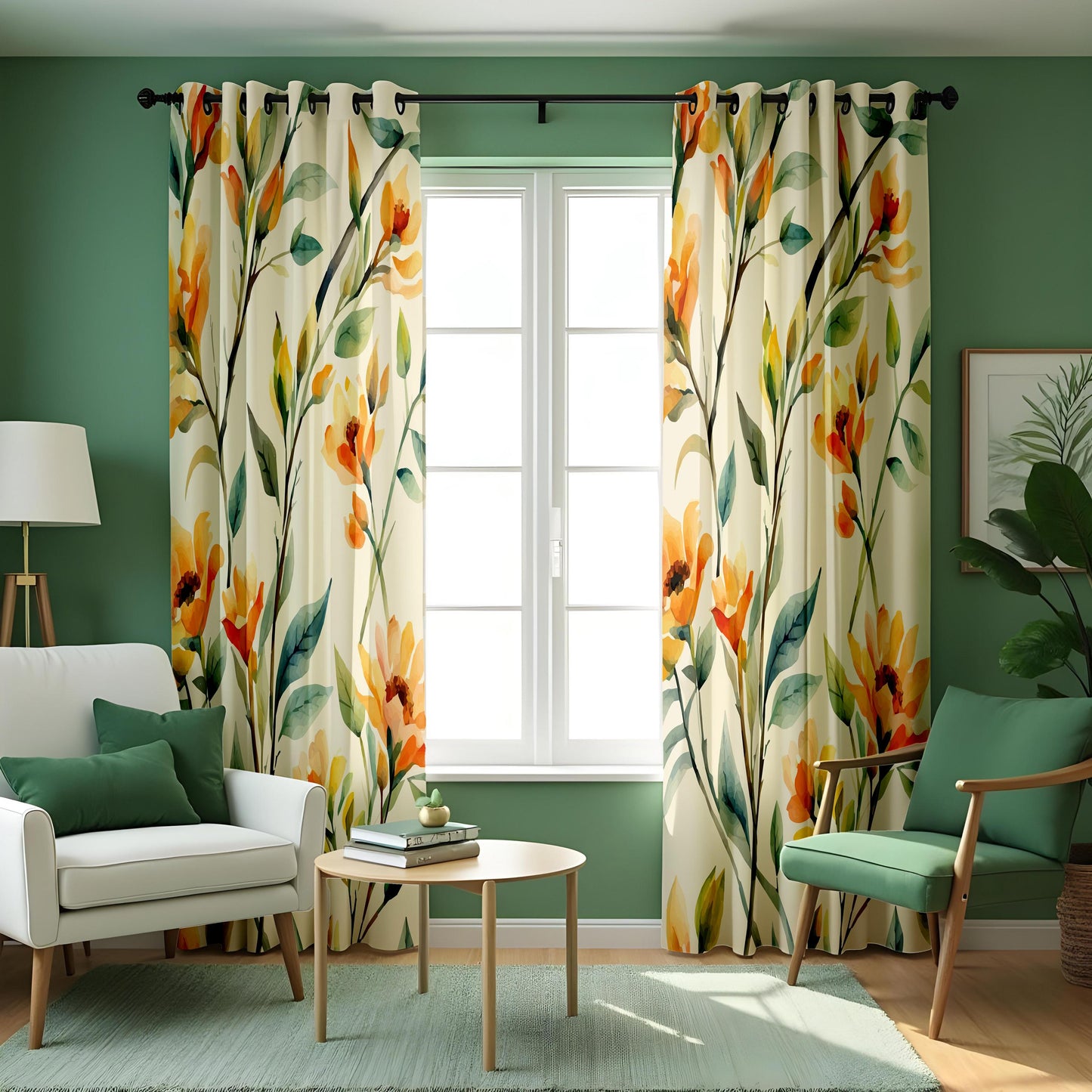 Bright Floral Watercolor Curtain, Yellow&Orange Flowers with Green Leaves Drape