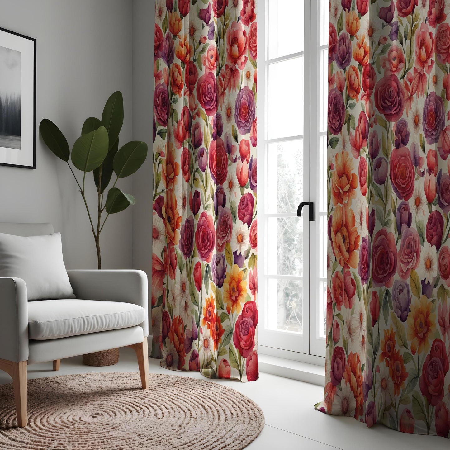 Vibrant Floral Watercolor Curtain Panels, Green Leaves Drape