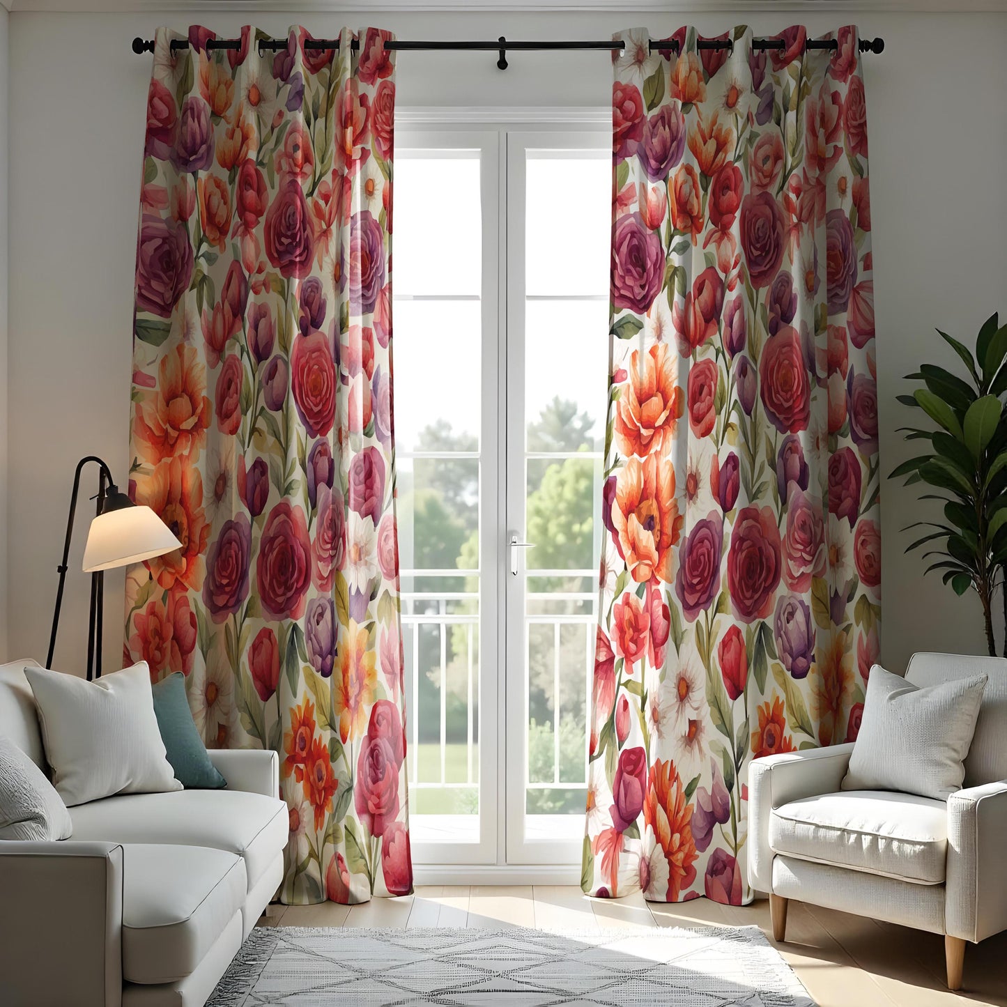 Vibrant Floral Watercolor Curtain Panels, Green Leaves Drape