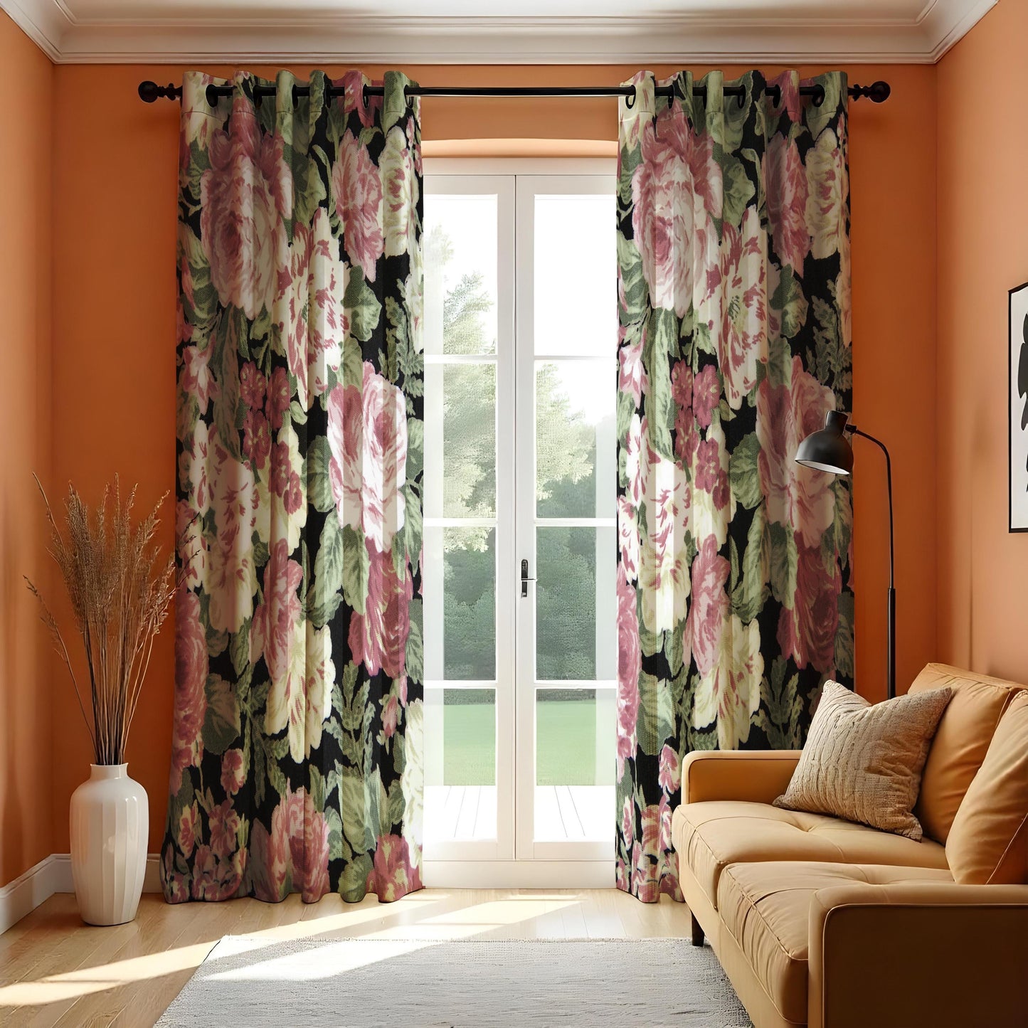 Classic Floral Curtain, Pink Roses & Green Leaves Drape