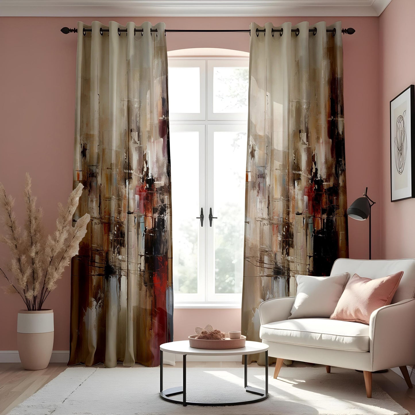 Abstract Art Curtain, Earth Tones Modern Brushstroke Plush Drape