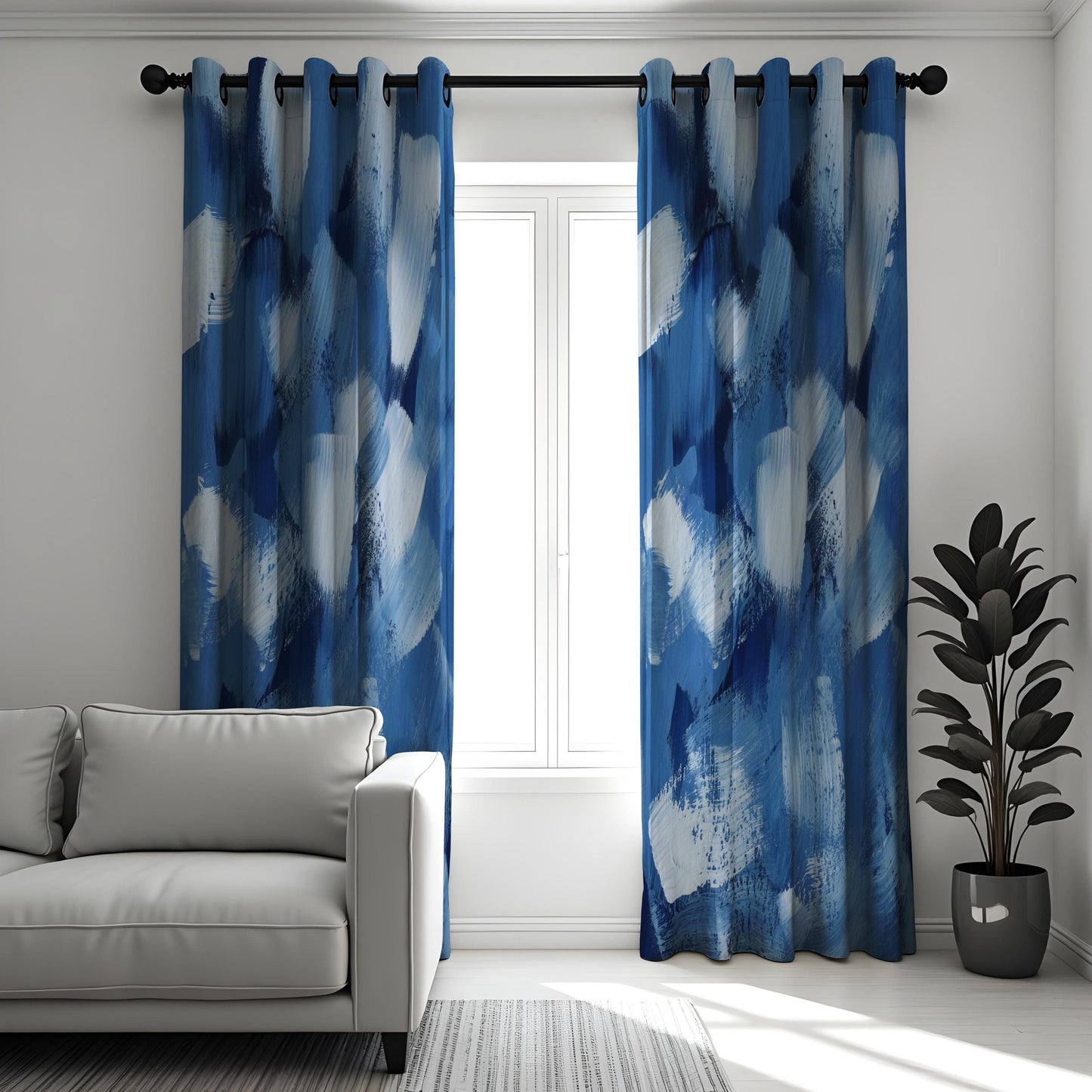 Abstract Blue Brushstroke Curtains, Modern Art Paint Window Panel