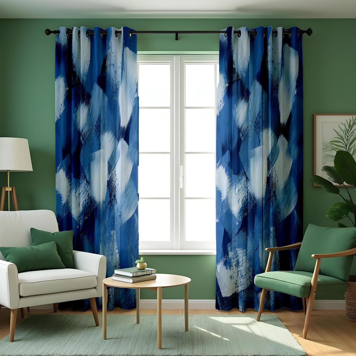 Abstract Blue Brushstroke Curtains, Modern Art Paint Window Panel