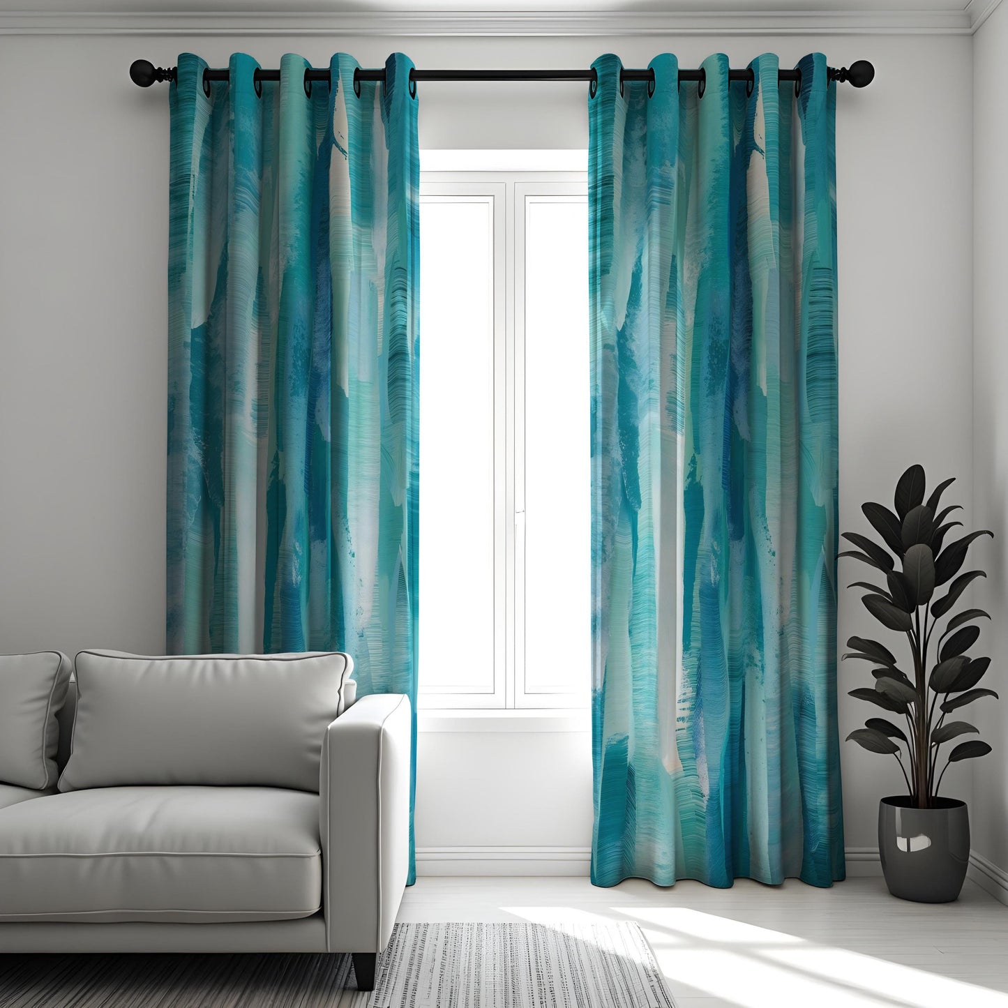 Modern Blue & Green Abstract Watercolor Curtains