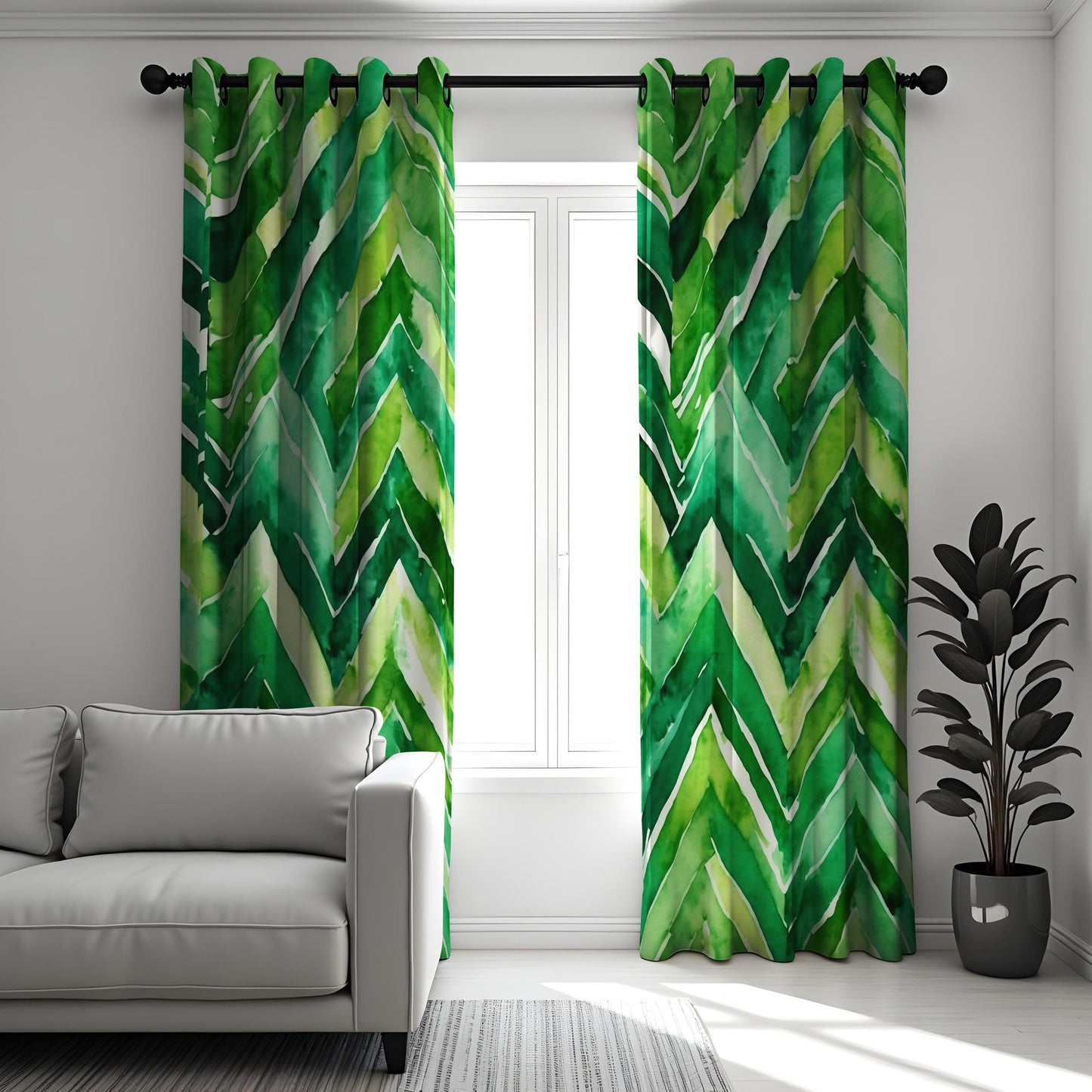 Green Chevron Watercolor Curtains, Bold Leaf Print Drapes