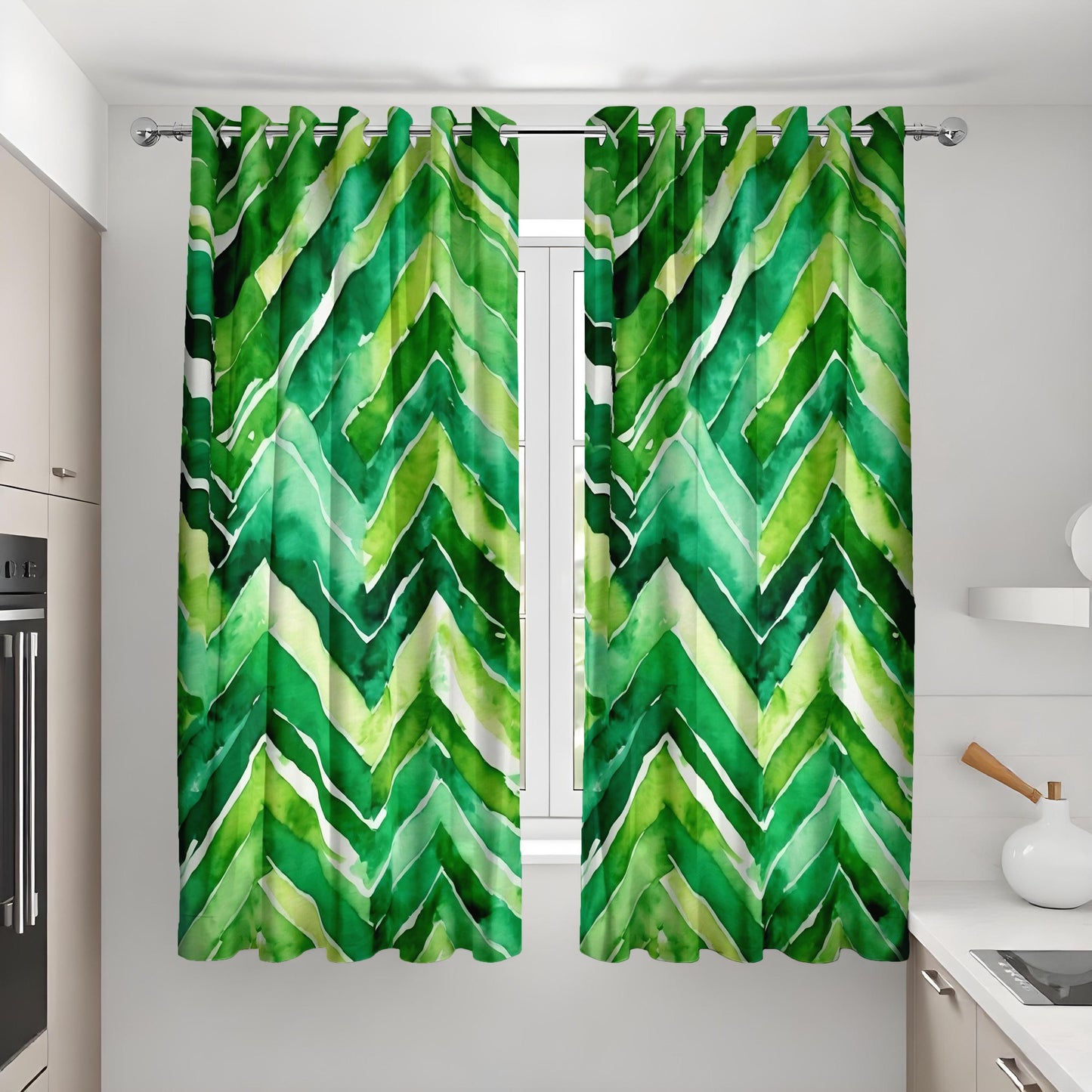 Green Chevron Watercolor Curtains, Bold Leaf Print Drapes