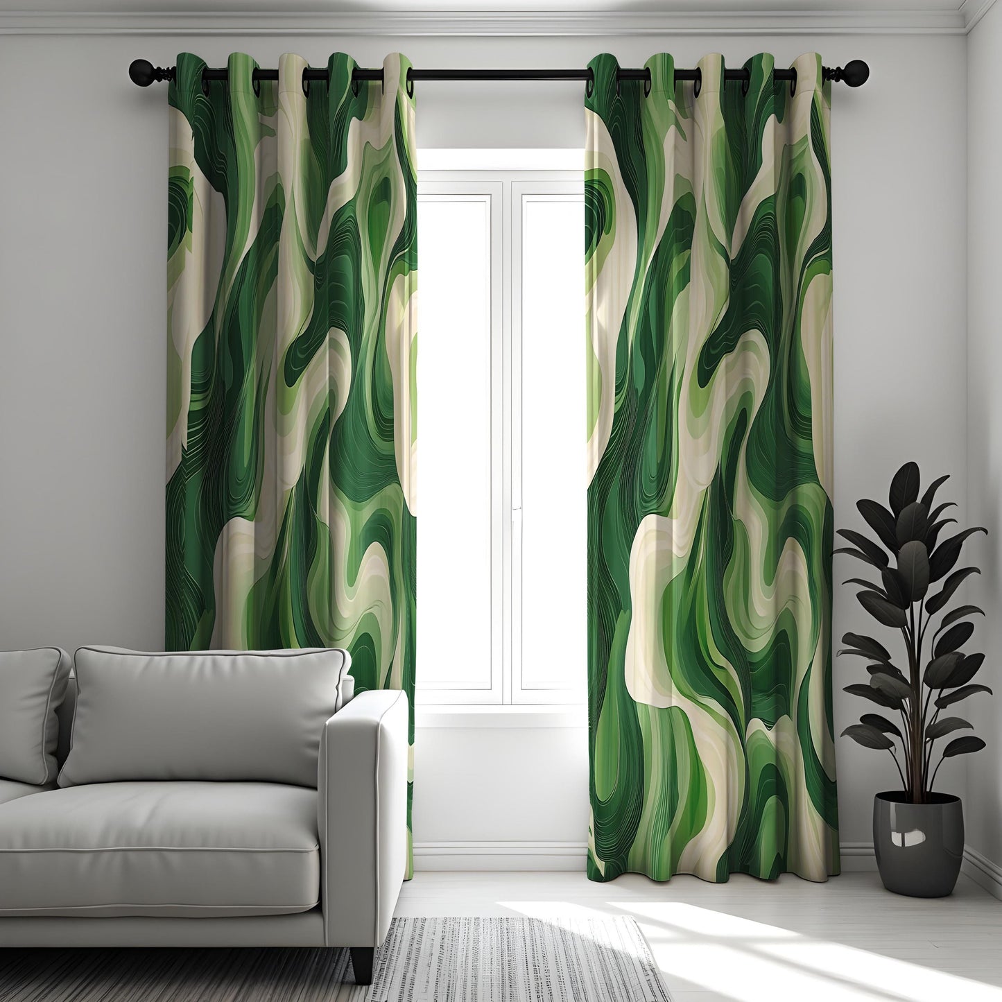 Green Wavy Pattern Curtains, Modern Bold Fluid Shape Drapes