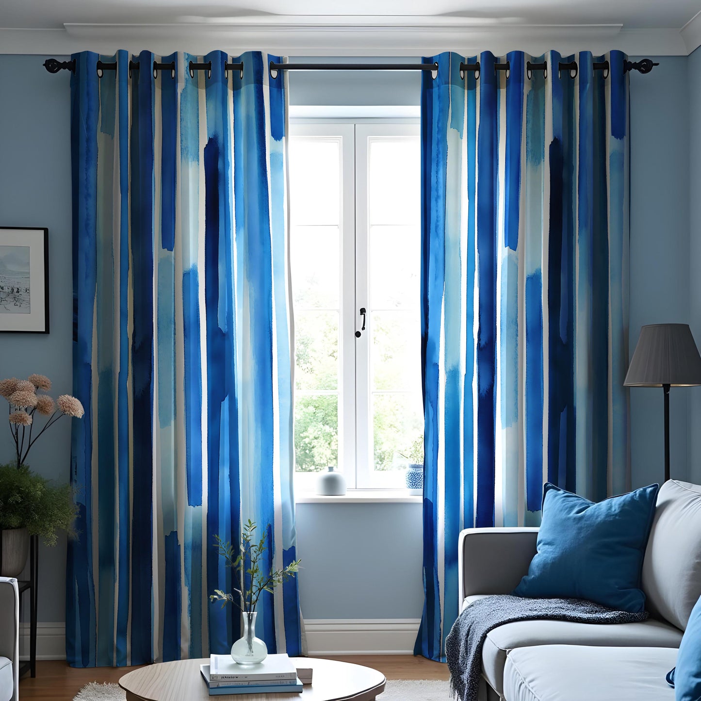 Blue Watercolor Striped Curtains, Abstract Vertical Blue Stripe
