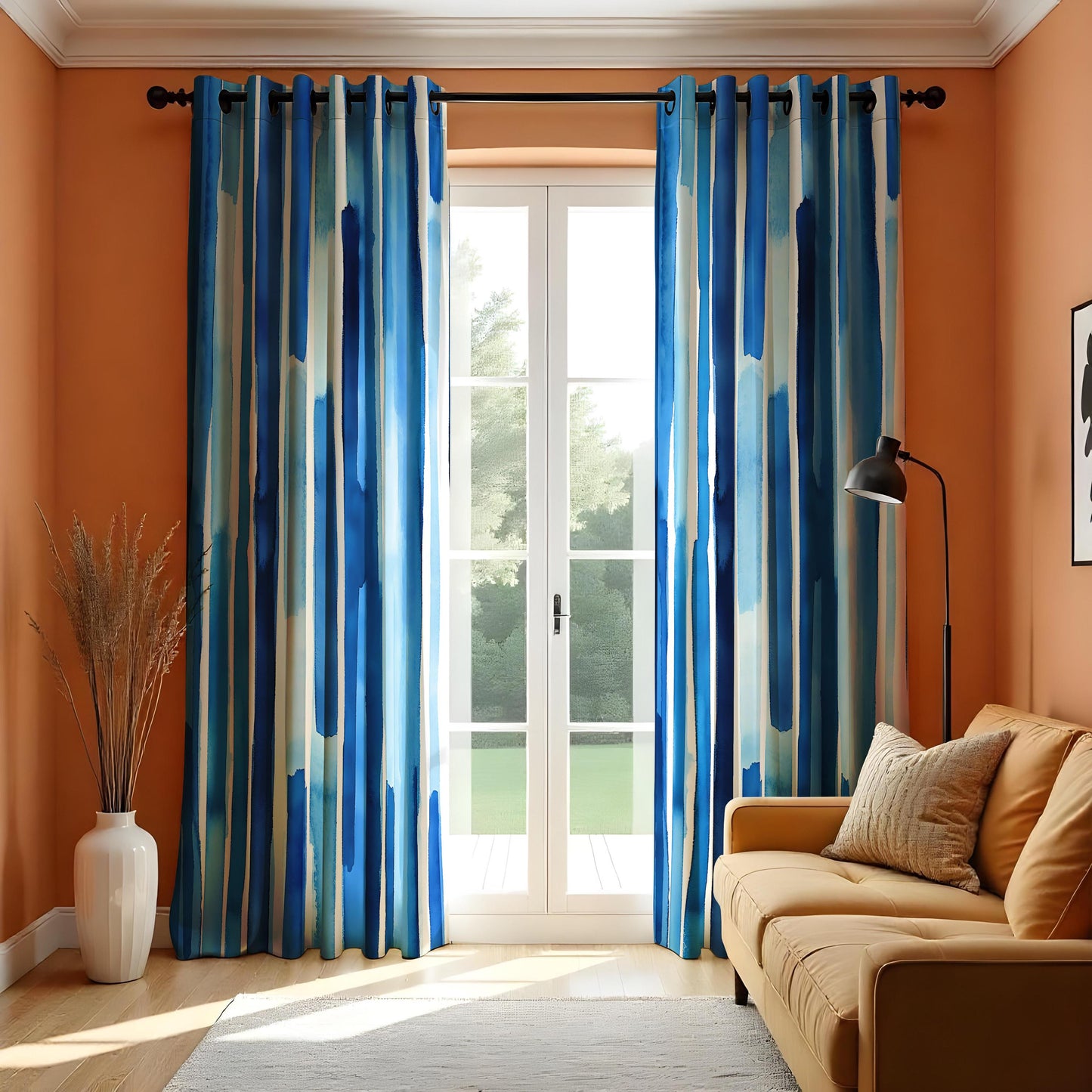 Blue Watercolor Striped Curtains, Abstract Vertical Blue Stripe