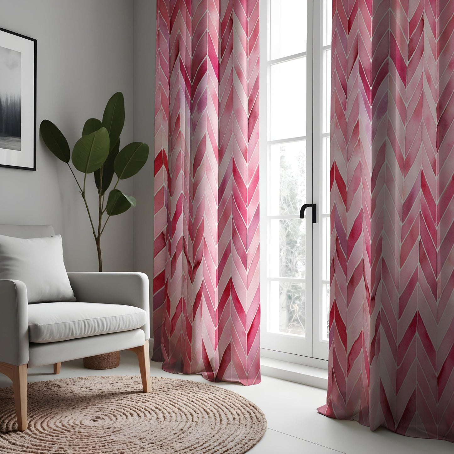 Pink Chevron Curtains, Watercolor Herringbone Drapes
