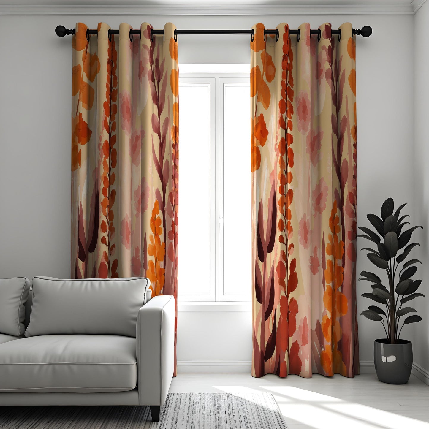 Floral Abstract Curtains, Warm Orange and Pink Bloom Drapes
