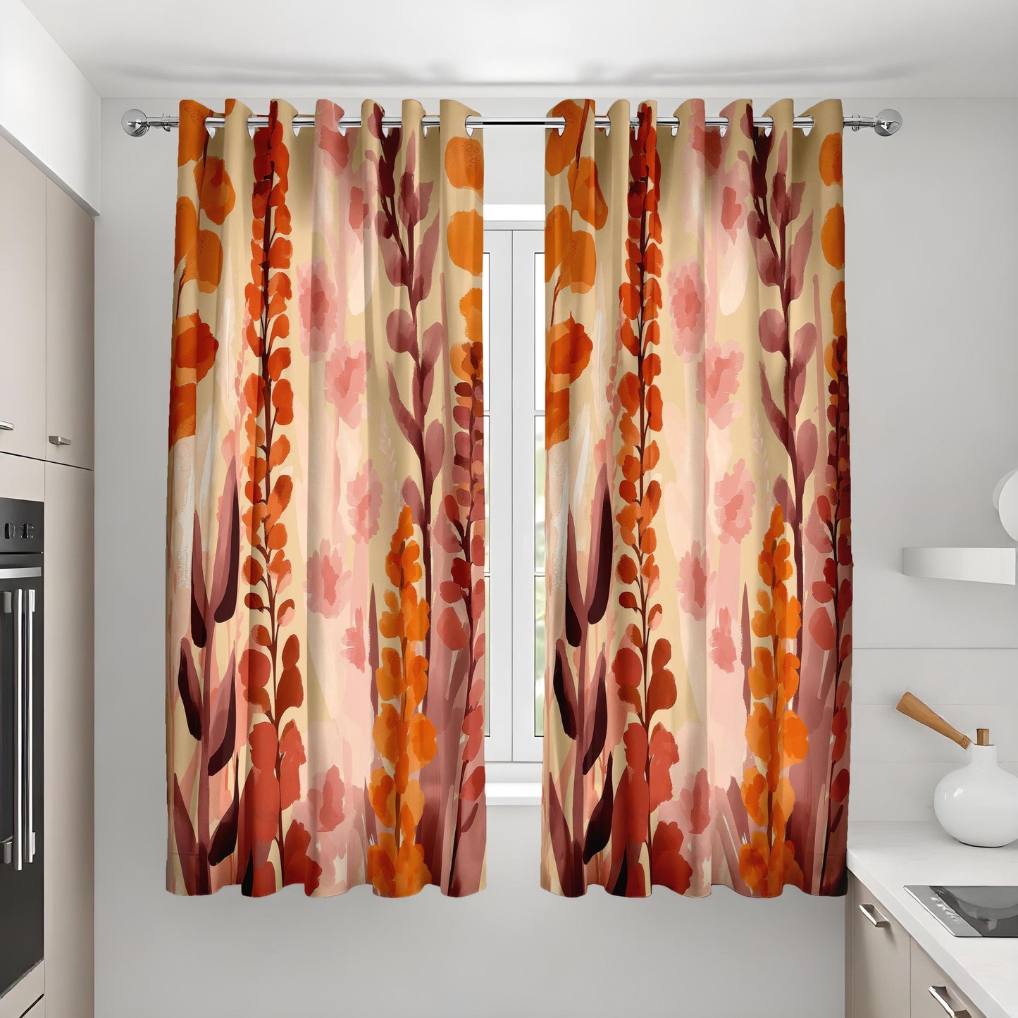 Floral Abstract Curtains, Warm Orange and Pink Bloom Drapes