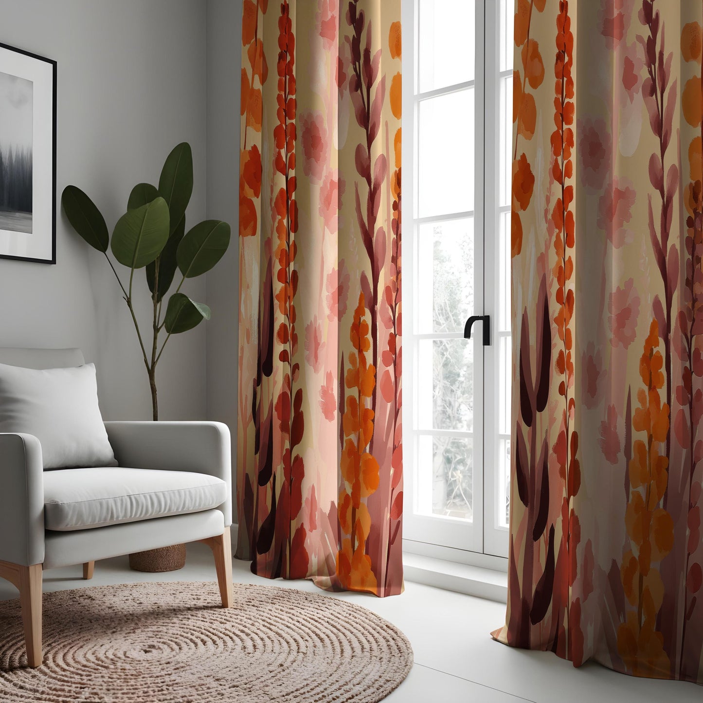 Floral Abstract Curtains, Warm Orange and Pink Bloom Drapes