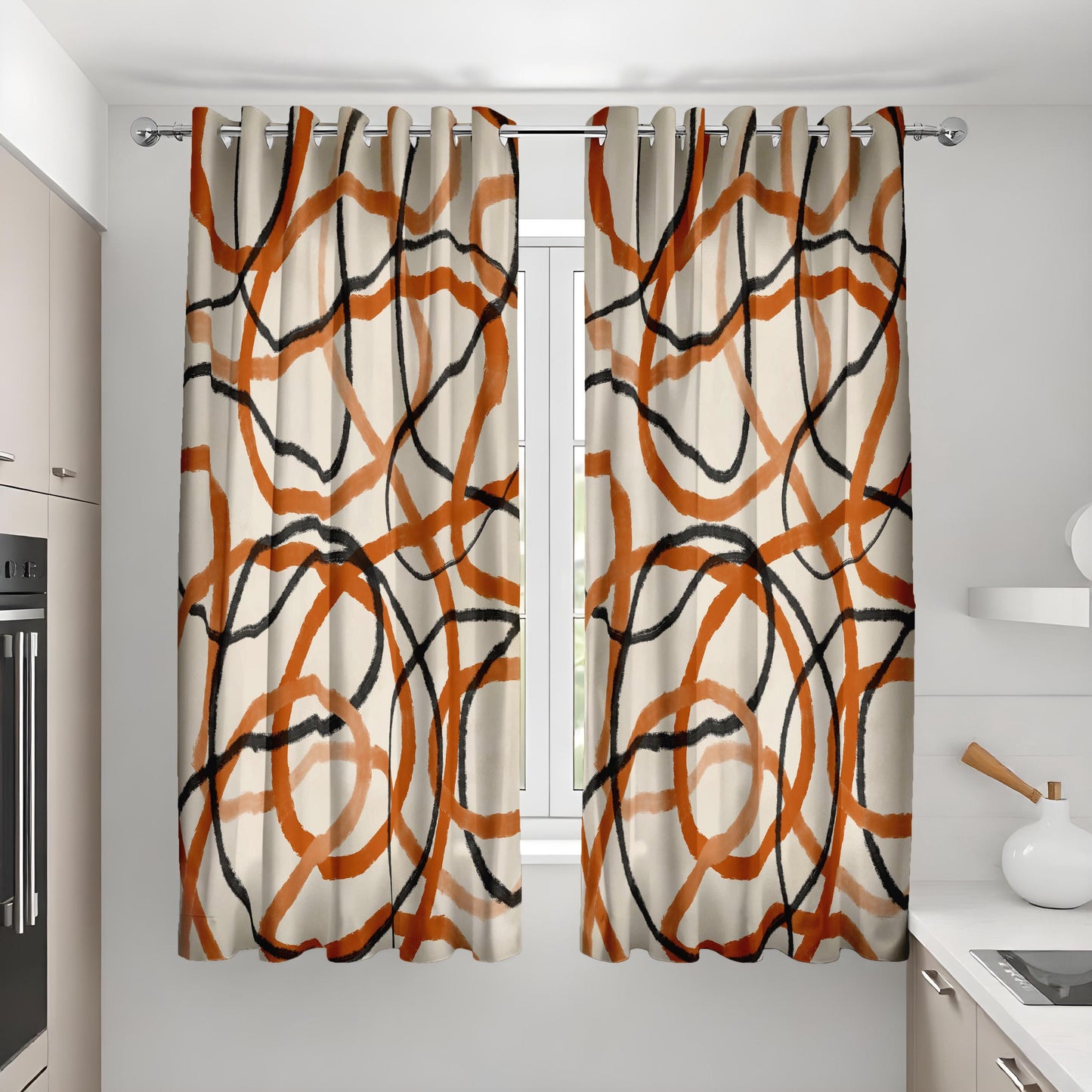 Abstract Neutral Brown & Cream Curtain, Modern Geometric Drape