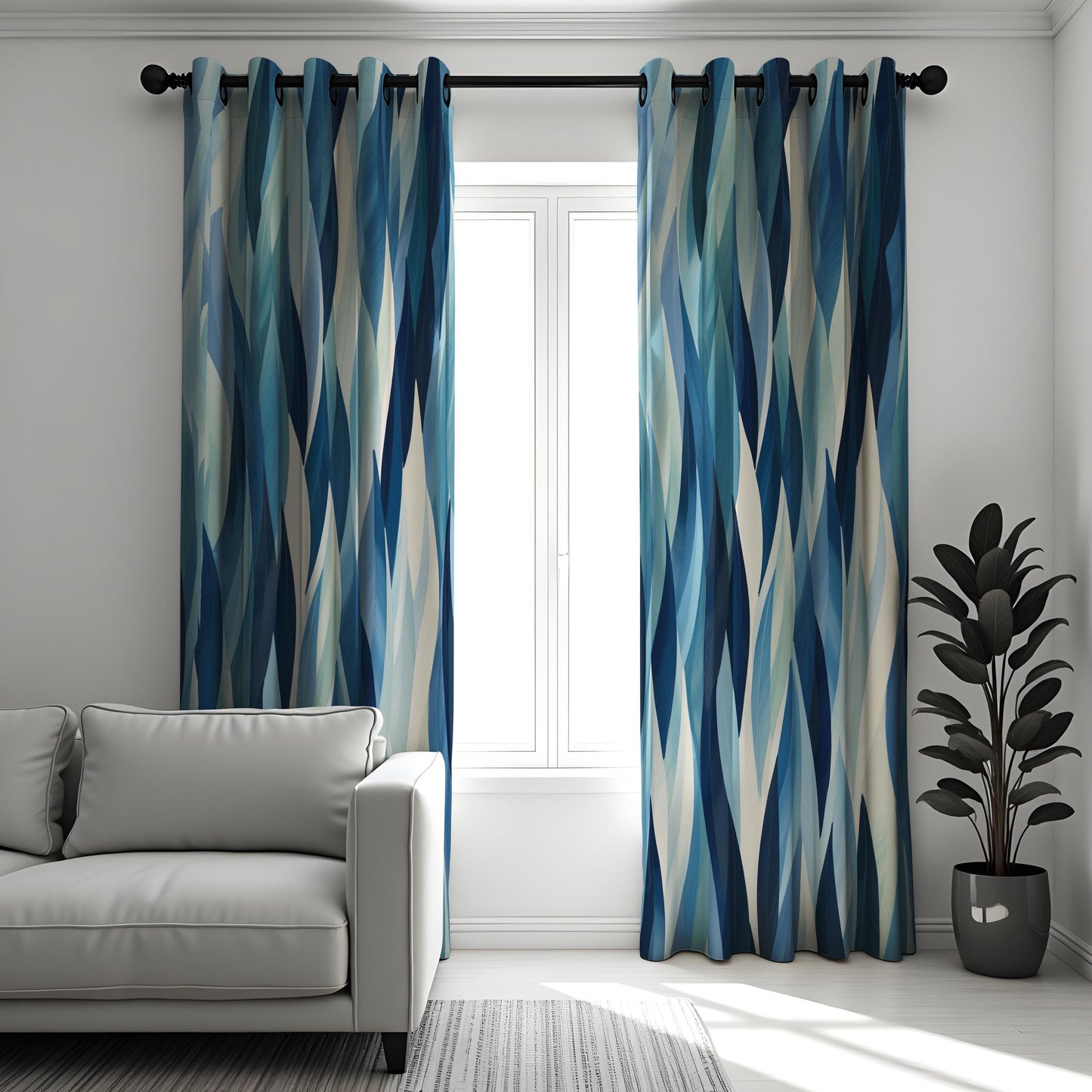 Abstract Blue Wave Curtains, Modern Watercolor Geometric Drapes