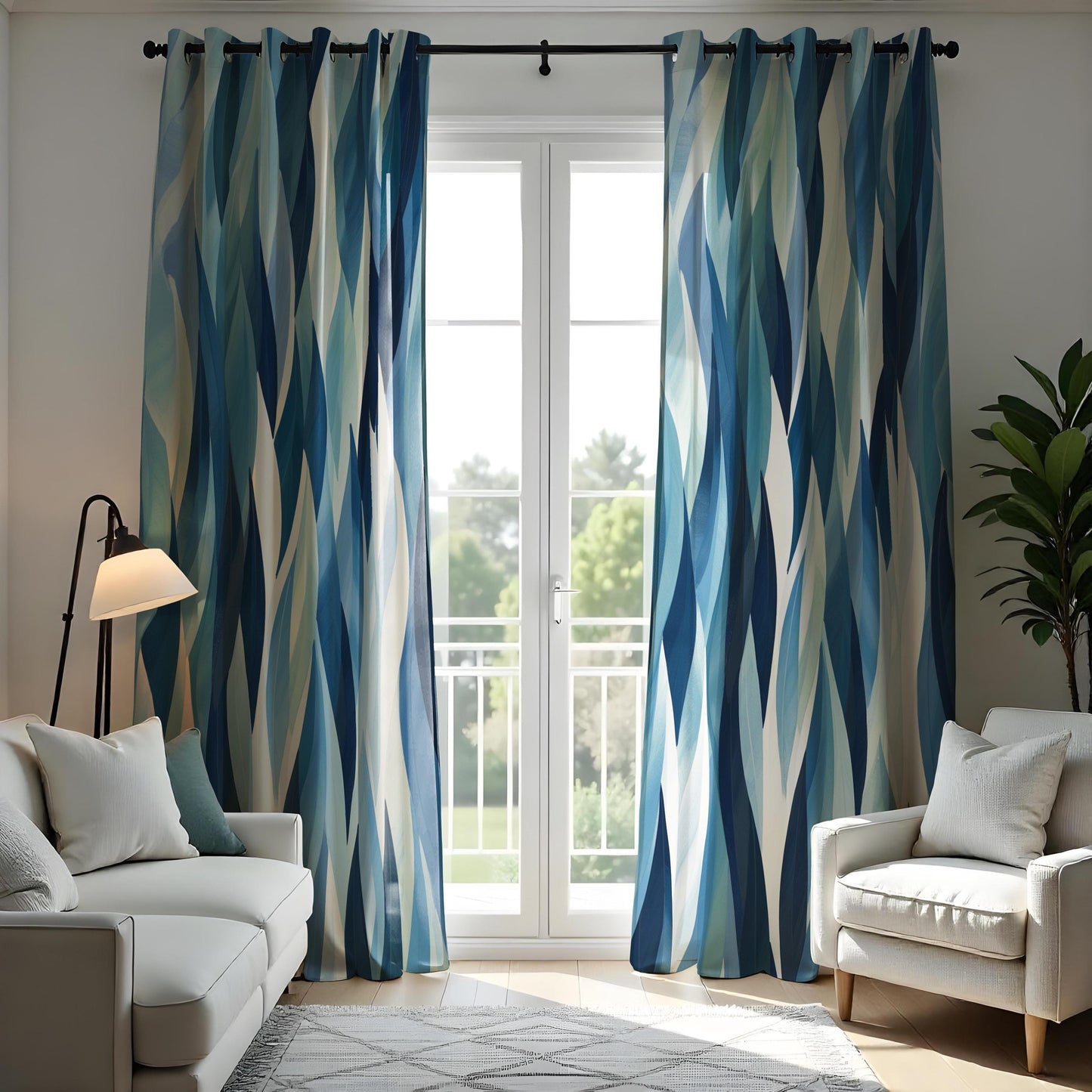Abstract Blue Wave Curtains, Modern Watercolor Geometric Drapes