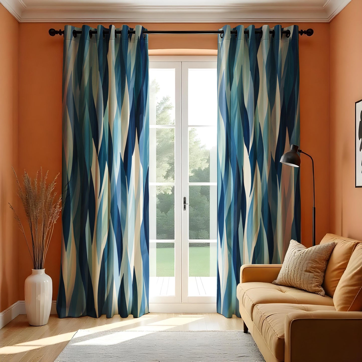 Abstract Blue Wave Curtains, Modern Watercolor Geometric Drapes
