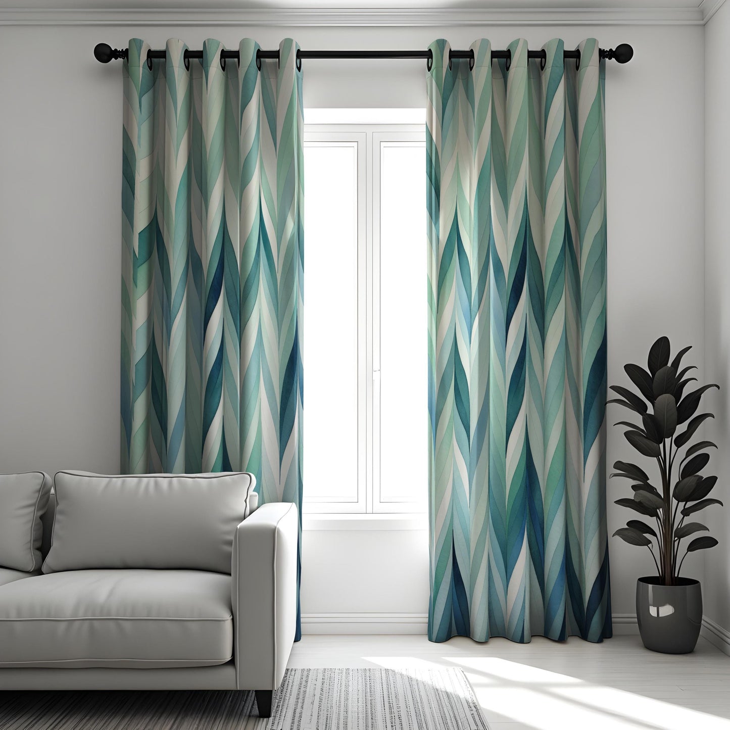 Geometric Green and Blue Curtains, Modern Abstract Pattern Drapes