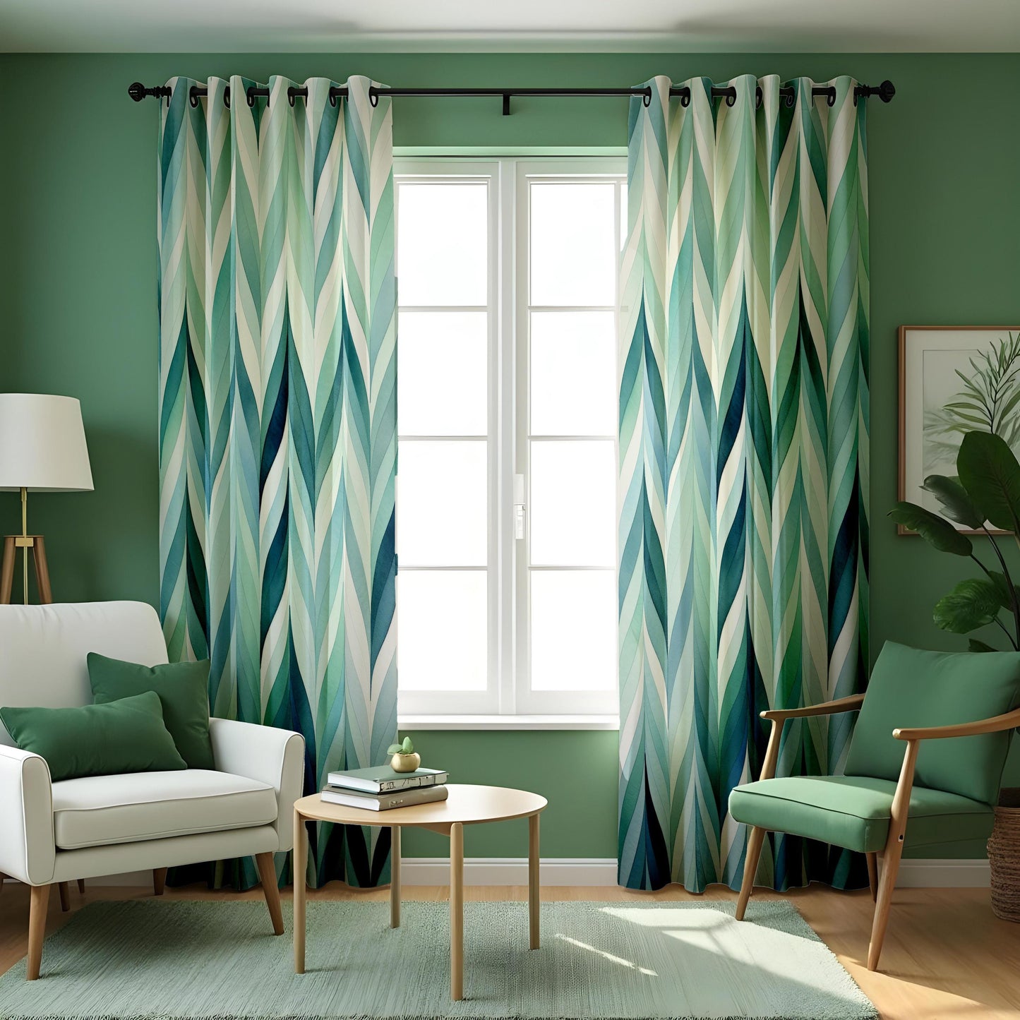 Geometric Green and Blue Curtains, Modern Abstract Pattern Drapes