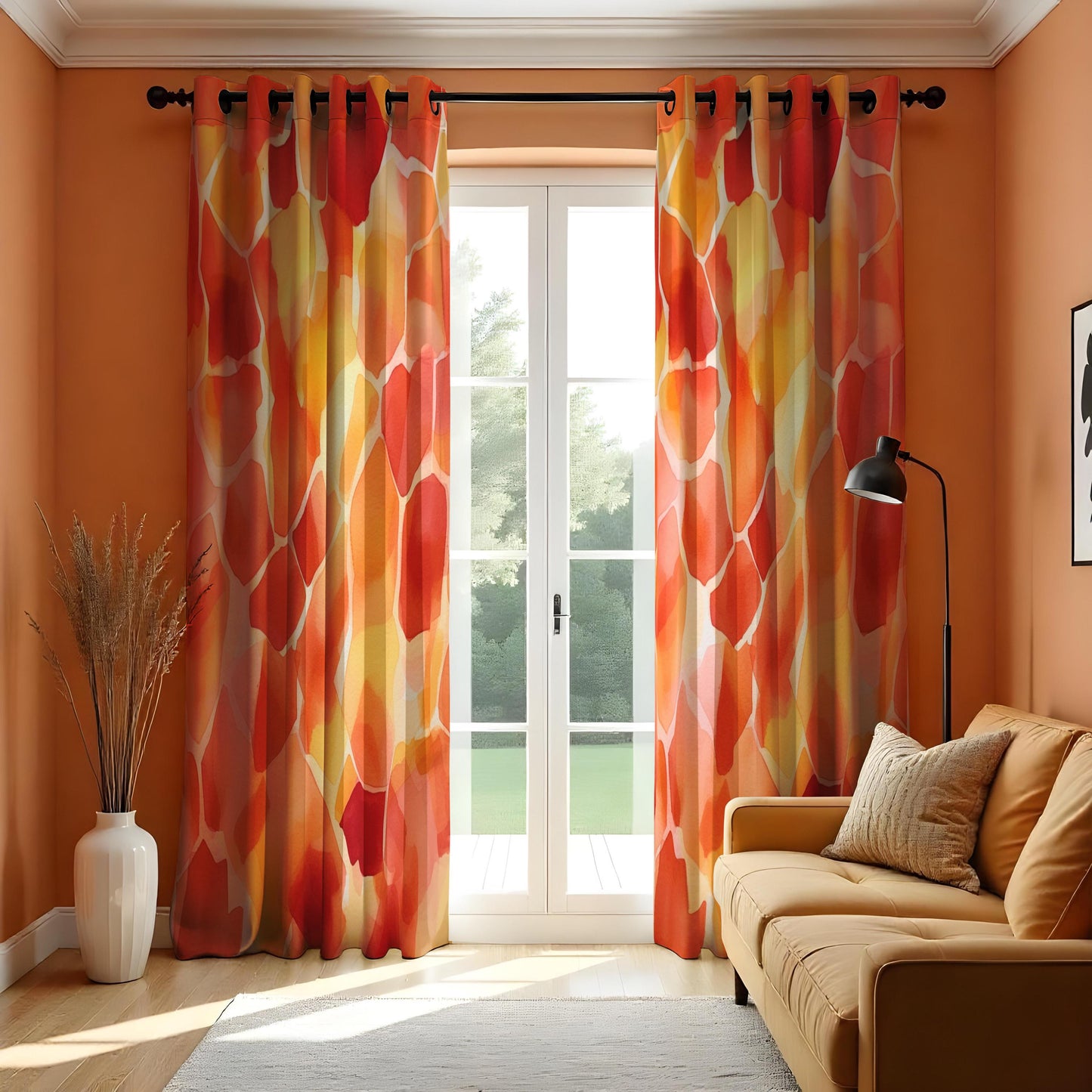 Vibrant Orange & Yellow Geometric Curtains, Abstract Colorful Drapes