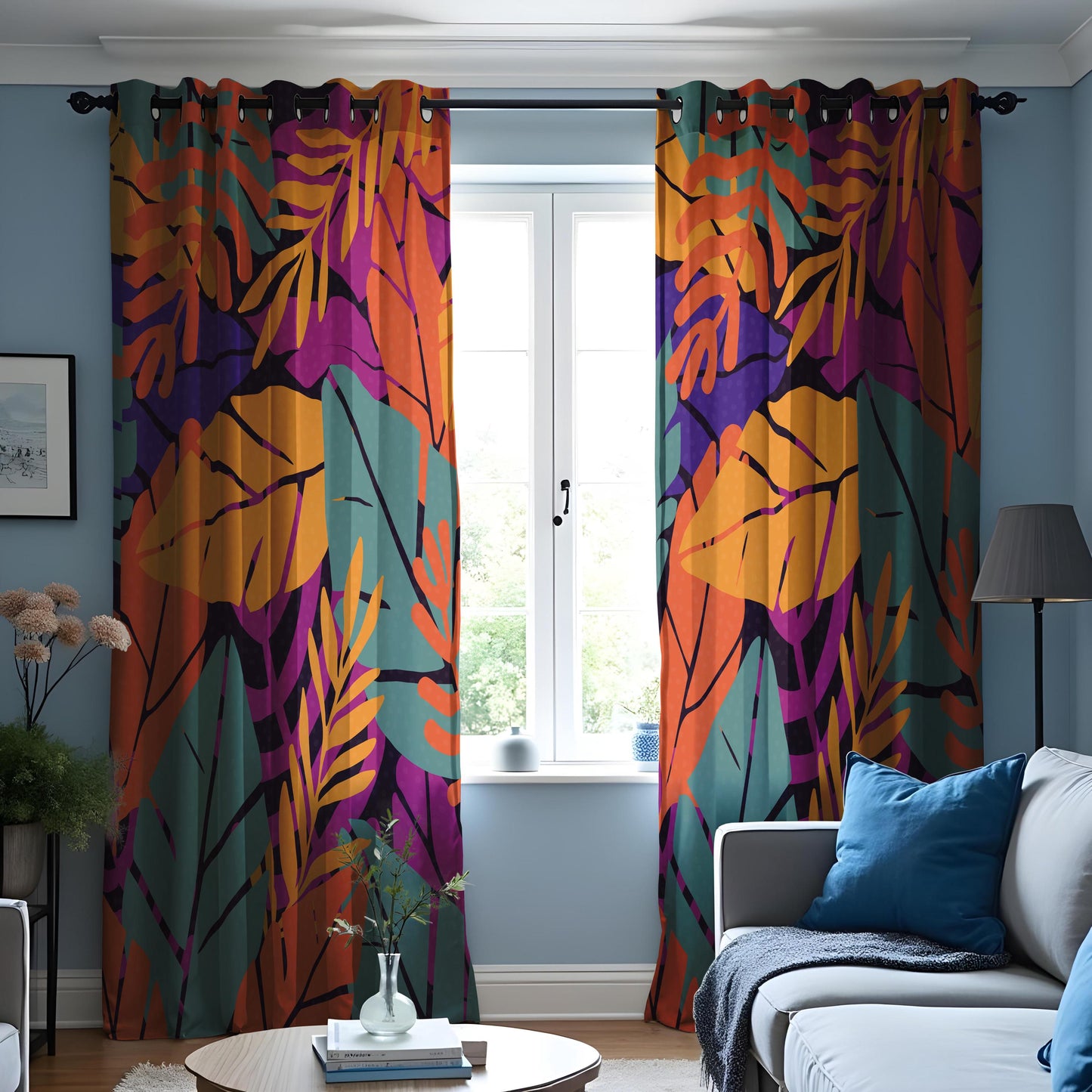 Bold Tropical Print Curtains, Abstract Colorful Leaves Drapes
