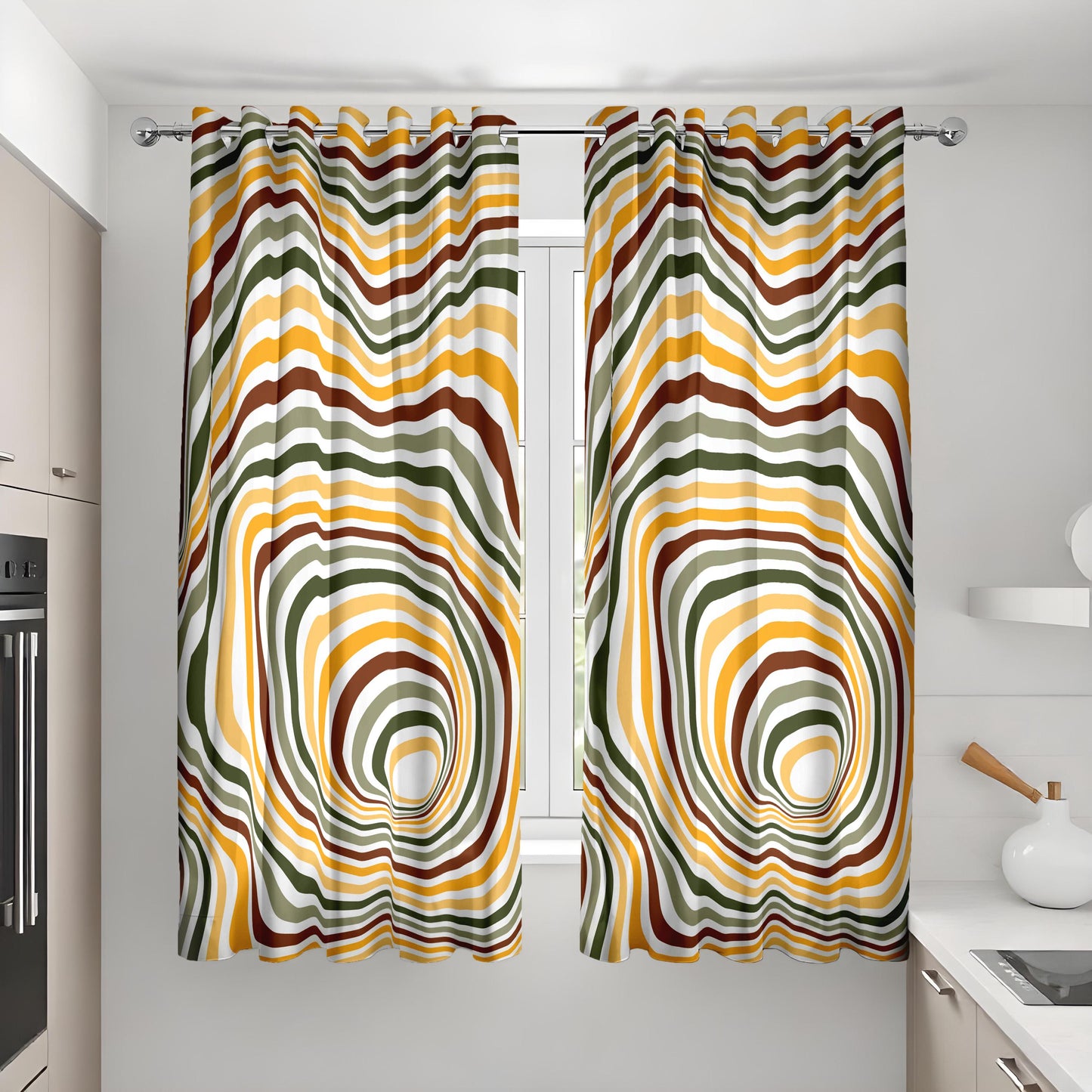 Abstract Orange & Black Line Curtains, Modern Geometric Drapes, Made
