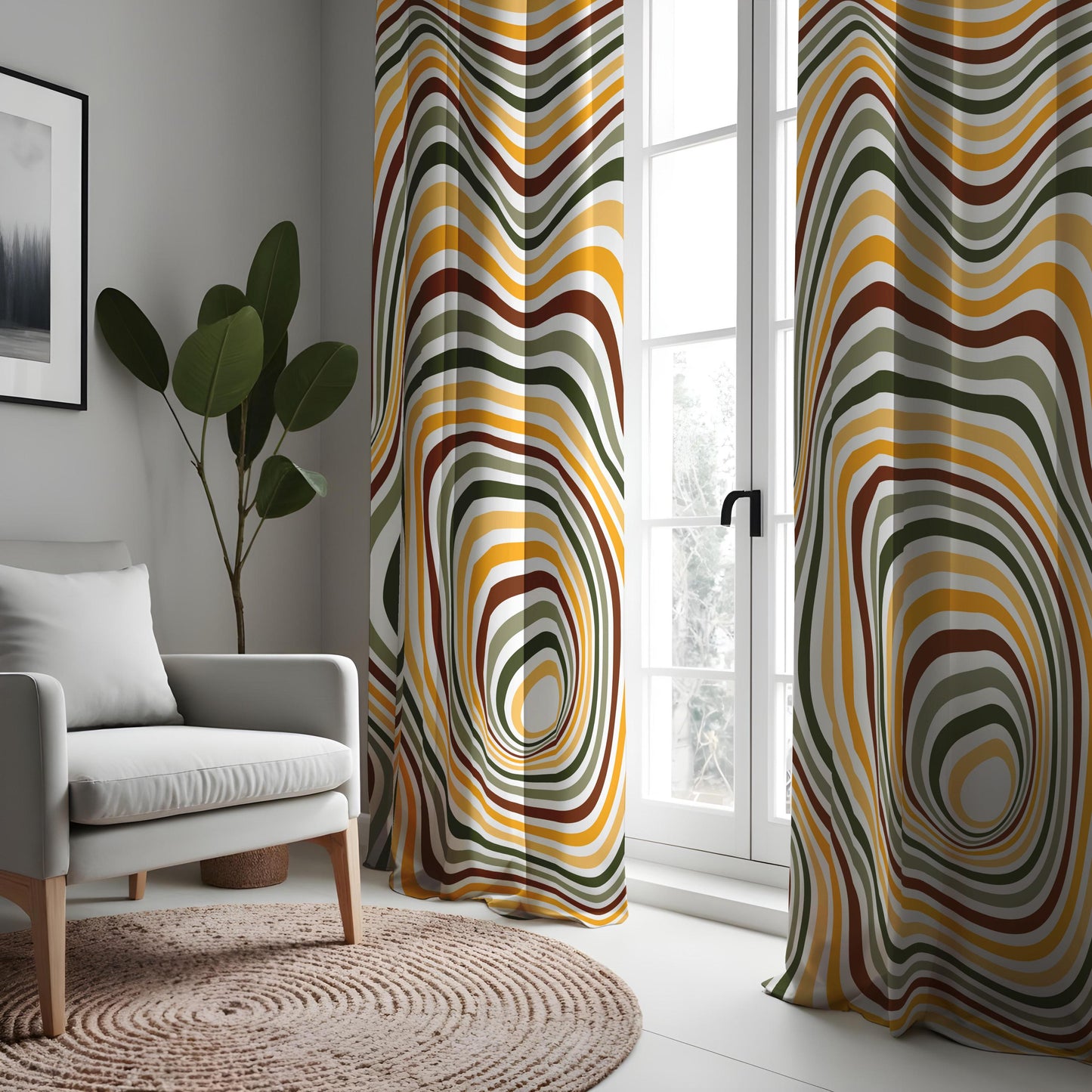 Abstract Orange & Black Line Curtains, Modern Geometric Drapes, Made