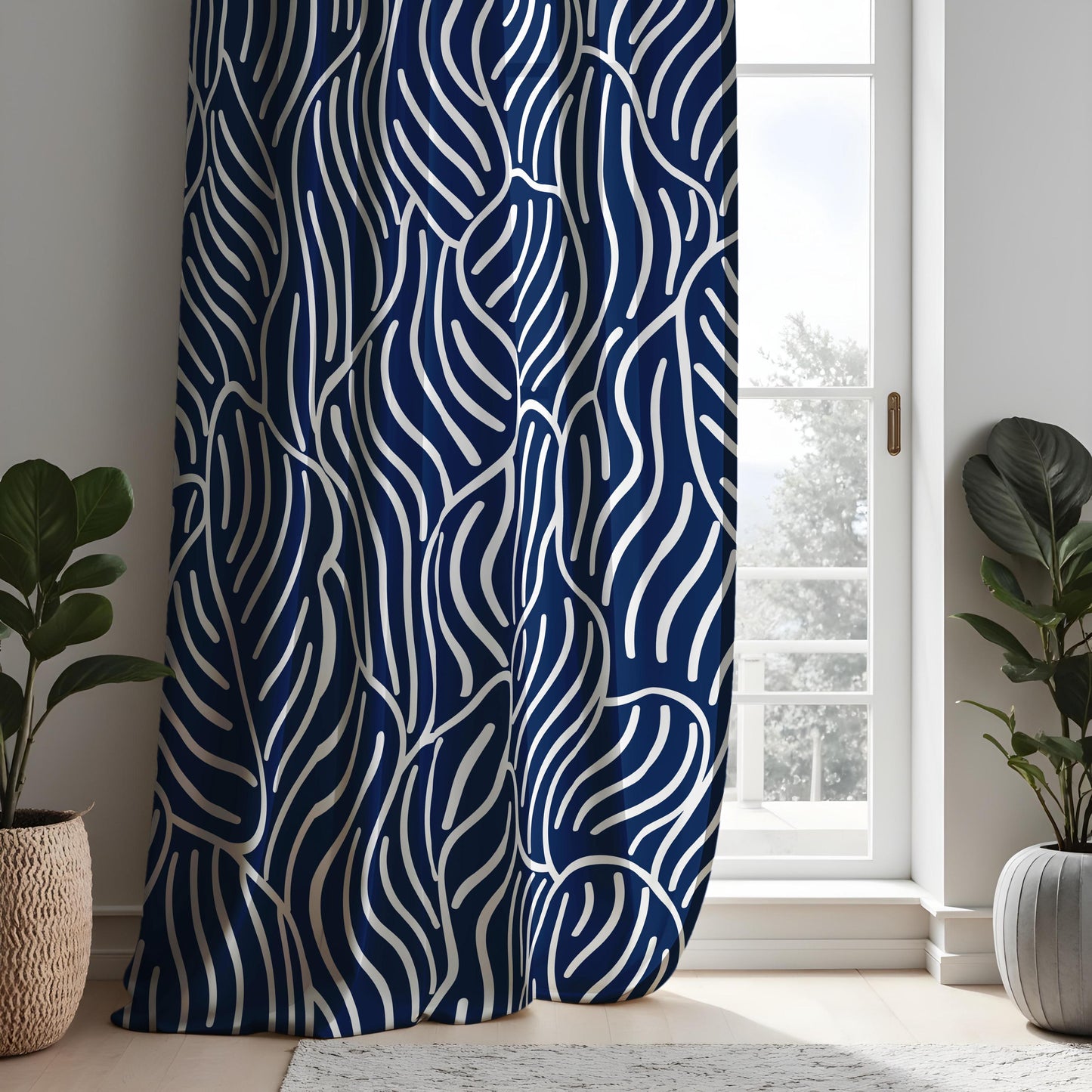Navy Blue Abstract Leaf Curtains, Modern Minimalist Drapes