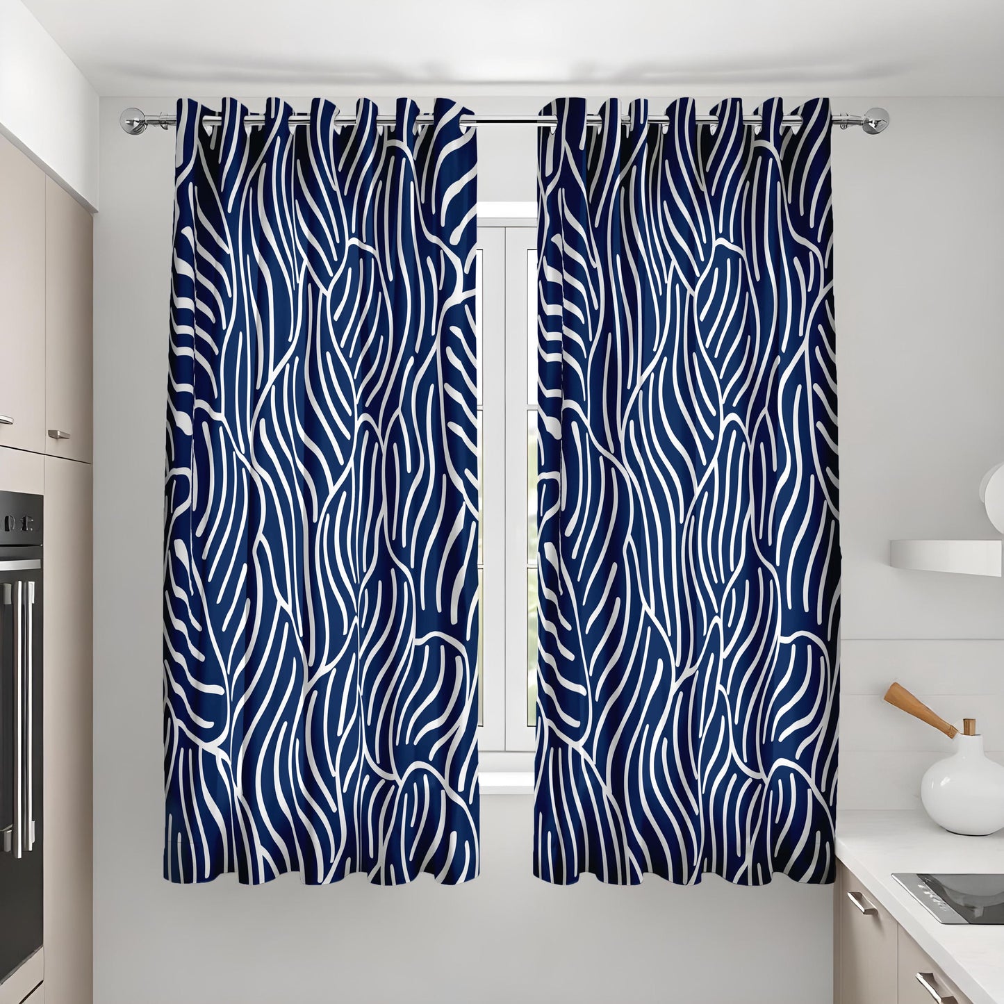 Navy Blue Abstract Leaf Curtains, Modern Minimalist Drapes