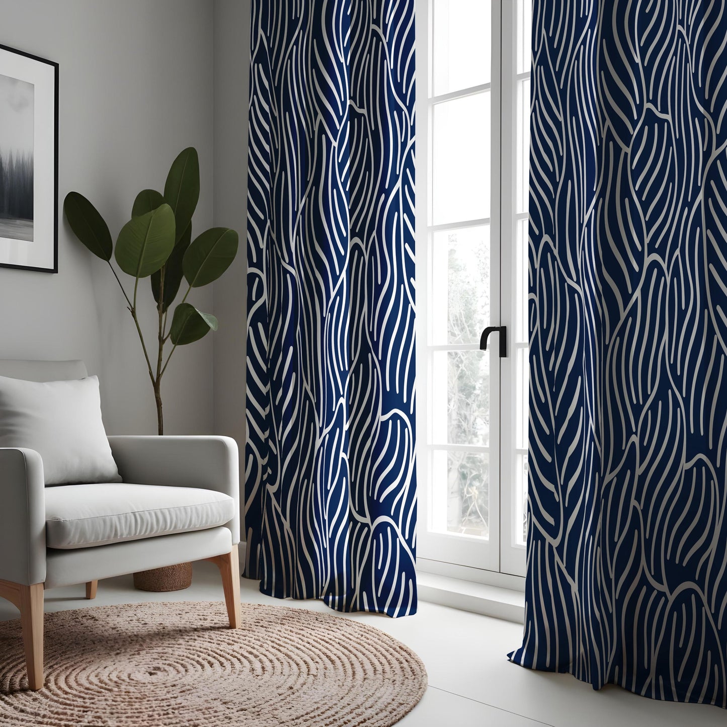 Navy Blue Abstract Leaf Curtains, Modern Minimalist Drapes