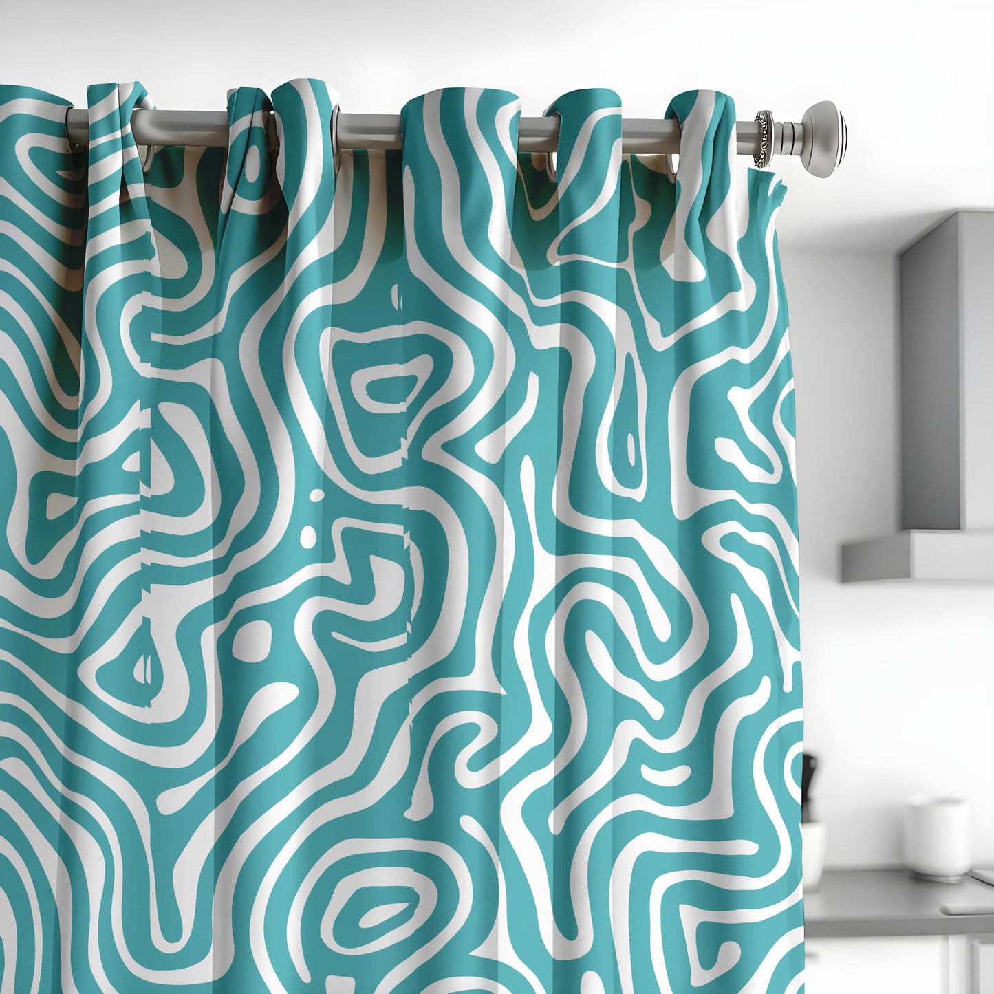 Abstract Wave Design Curtains, Modern Geometric Drapes, Teal & White