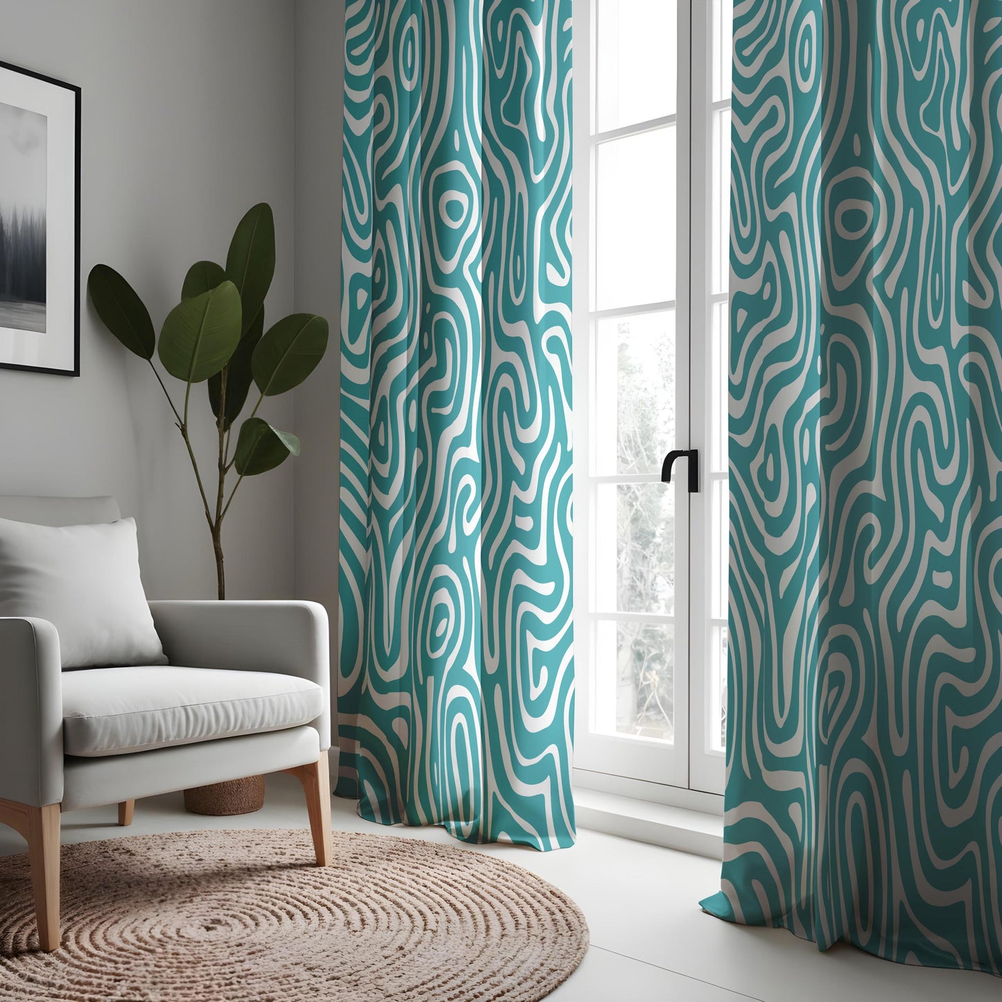 Abstract Wave Design Curtains, Modern Geometric Drapes, Teal & White