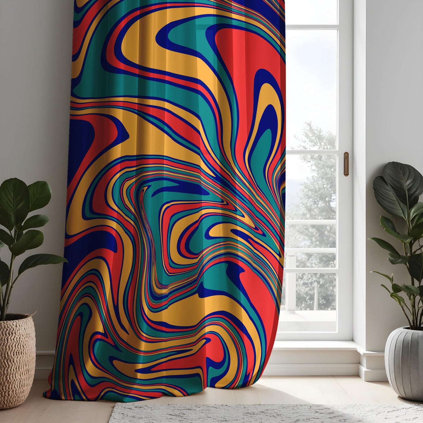Vibrant Abstract Swirl Curtains, Colorful Retro Design Drapes