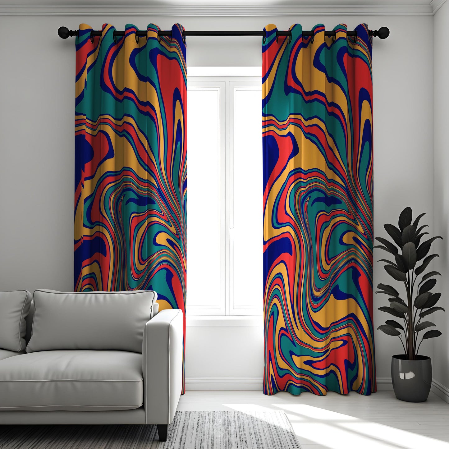 Vibrant Abstract Swirl Curtains, Colorful Retro Design Drapes