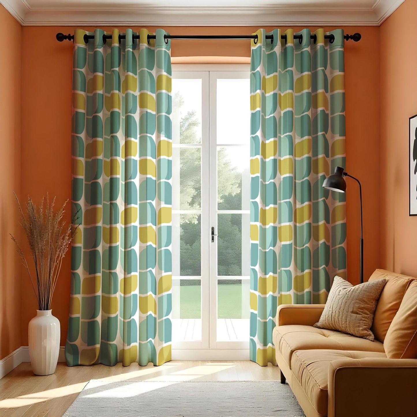 Modern Geometric Teal & Yellow Curtains, Retro Abstract Window