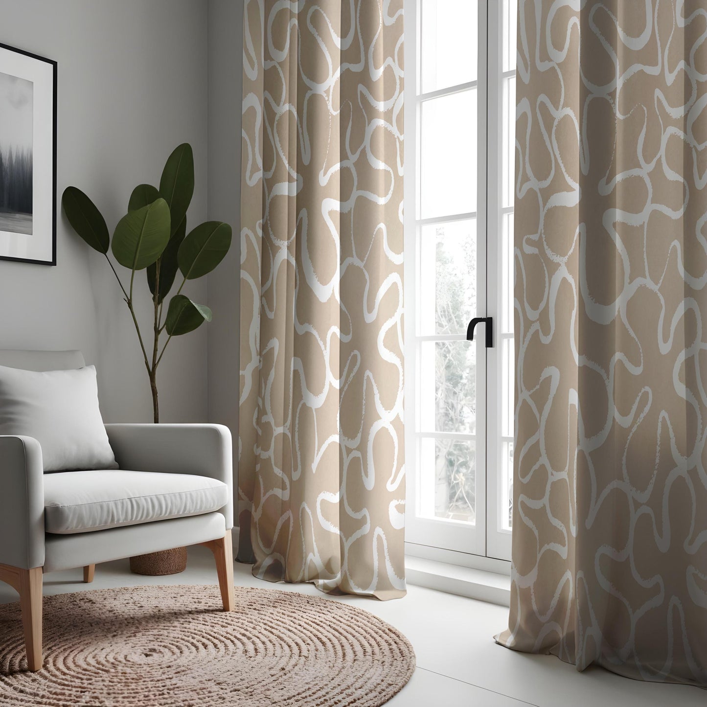 Abstract Beige & White Modern Curtains, Minimalist Soft Neutral Drapes