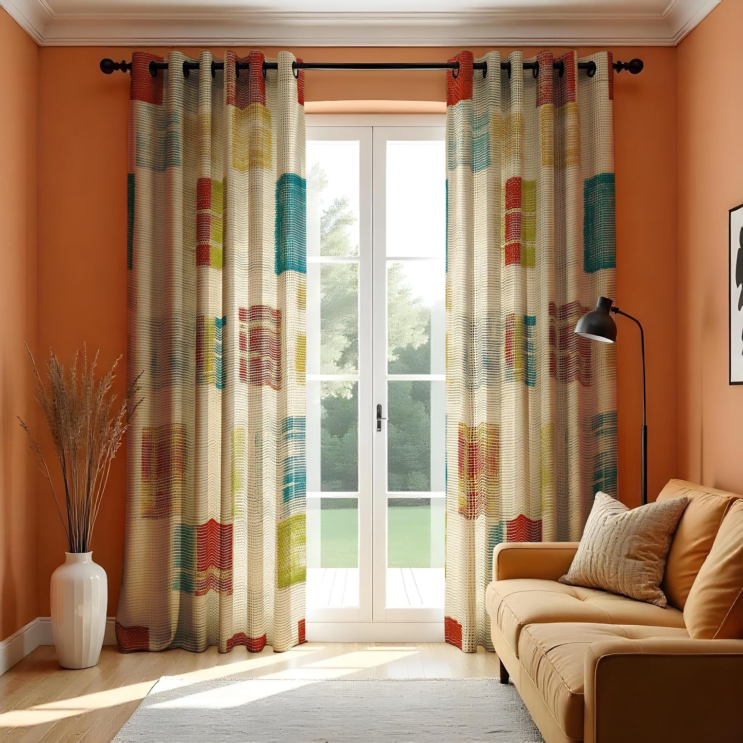 Geometric Pattern Curtains, Colorful Abstract Drapes, Modern Window