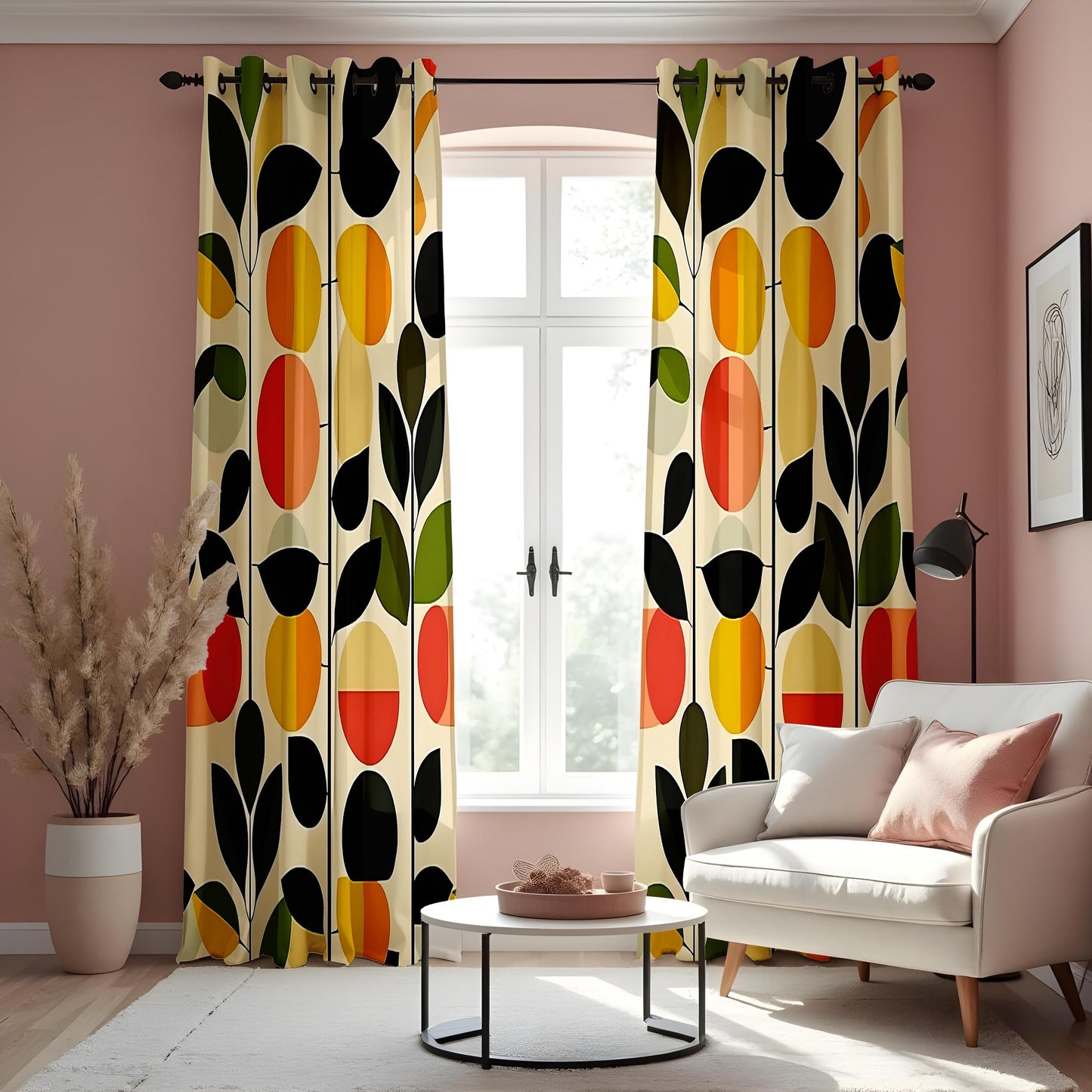 Mid Century Modern Floral Curtains, Bold Abstract Leaf & Flower Drapes