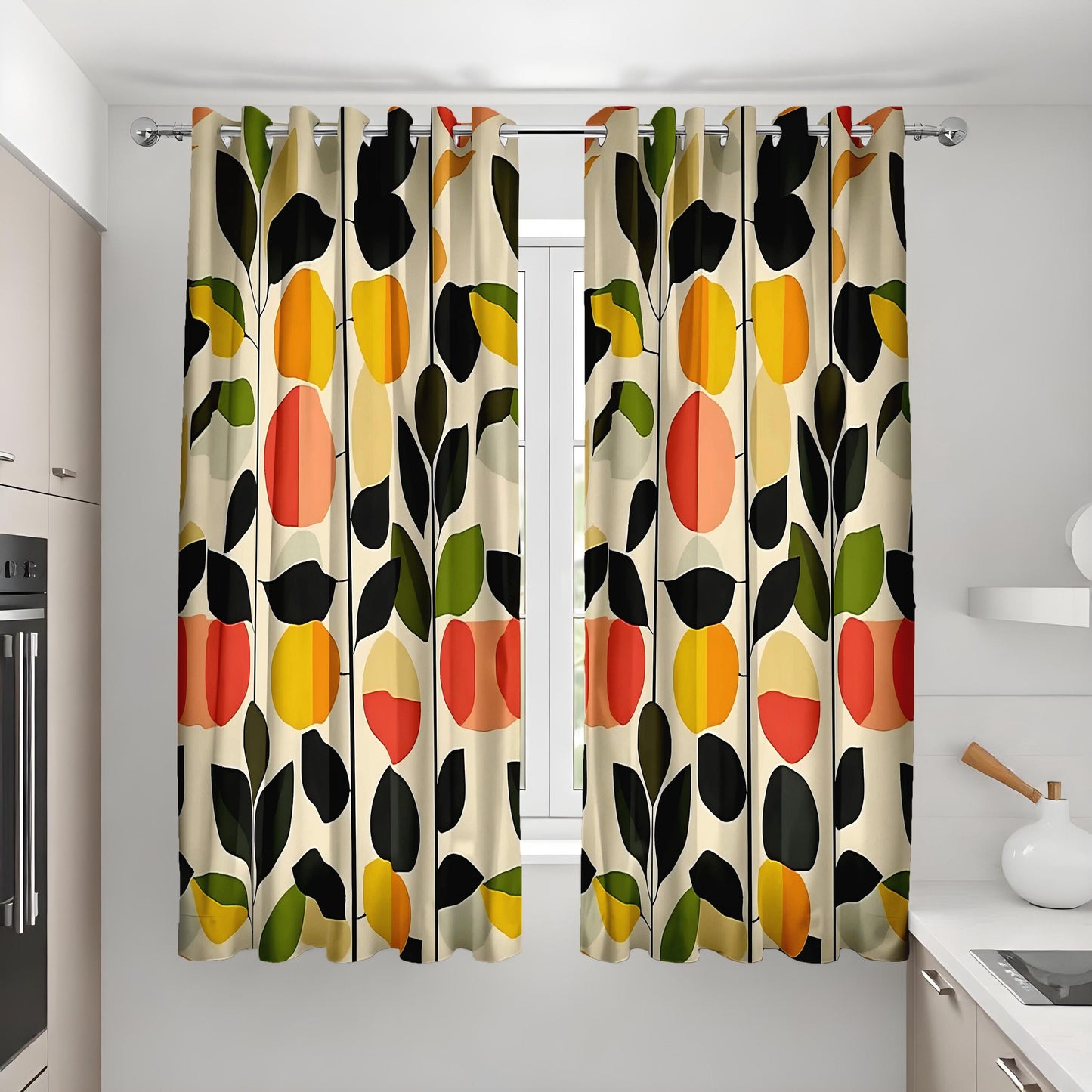 Mid Century Modern Floral Curtains, Bold Abstract Leaf & Flower Drapes