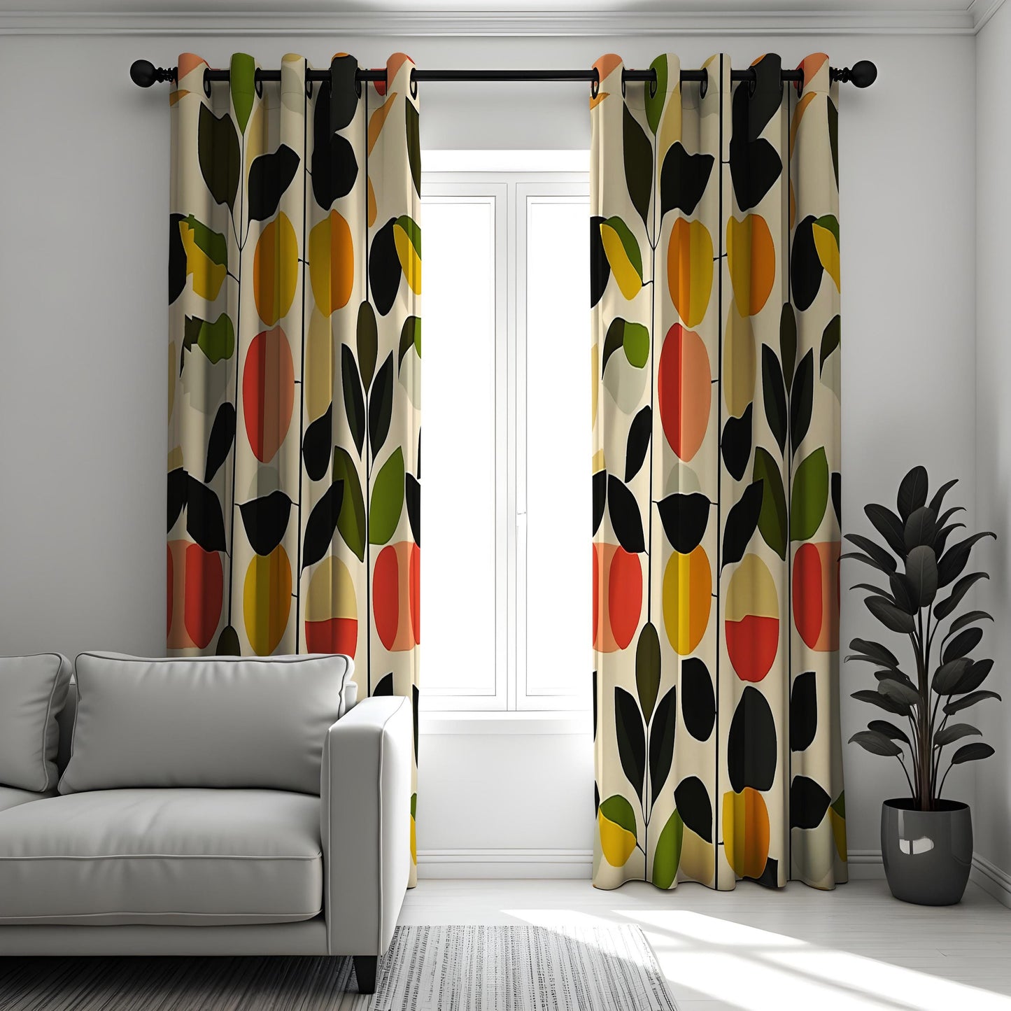 Mid Century Modern Floral Curtains, Bold Abstract Leaf & Flower Drapes