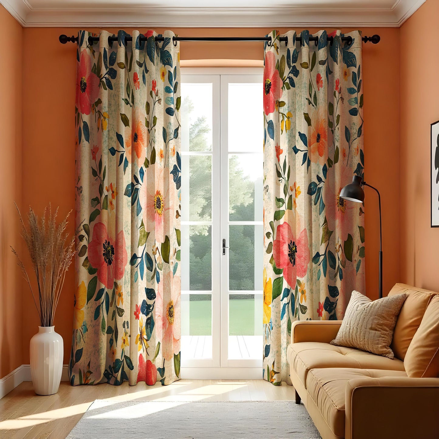 Vibrant Red and Yellow Floral Curtains, Boho Chic Window Treatment