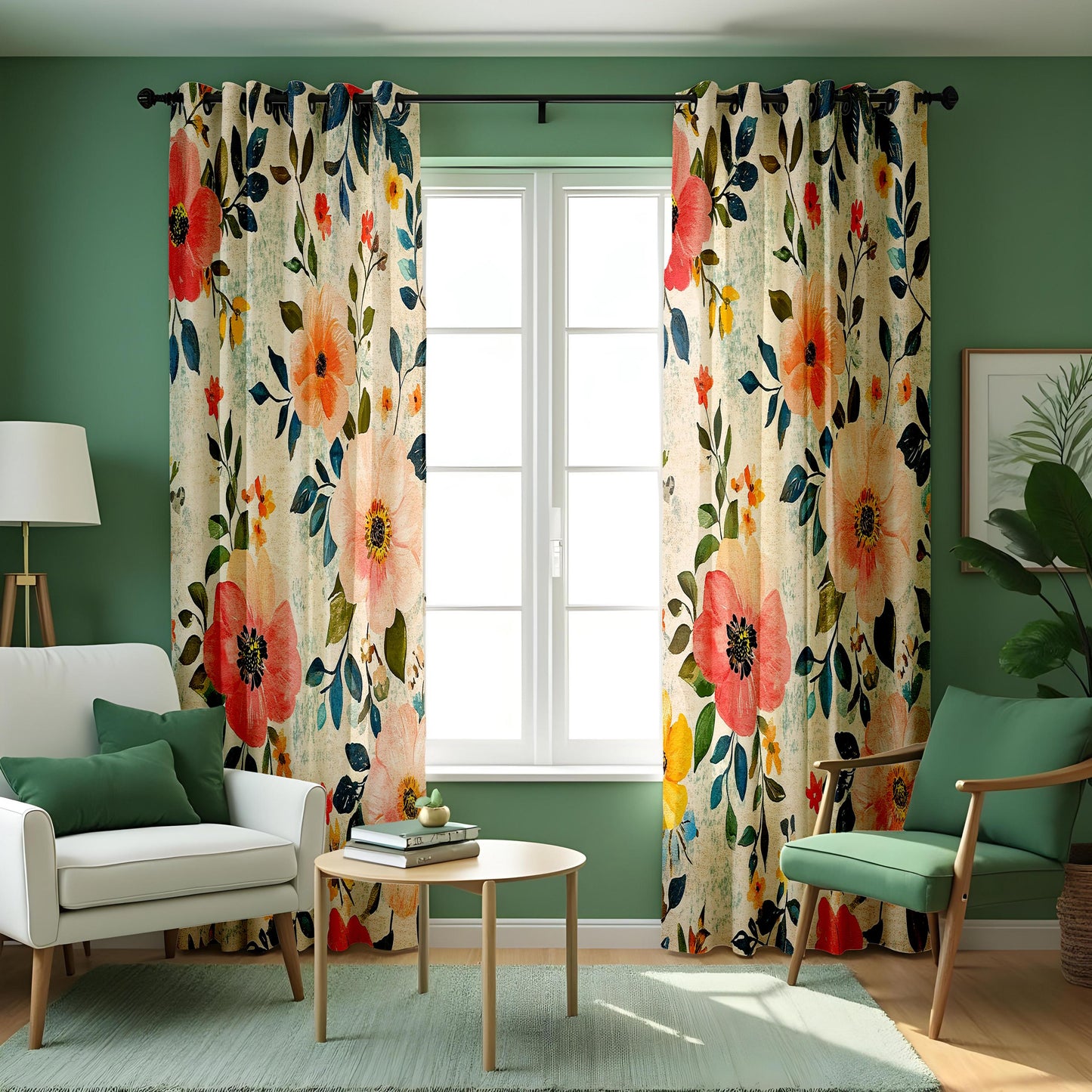 Vibrant Red and Yellow Floral Curtains, Boho Chic Window Treatment