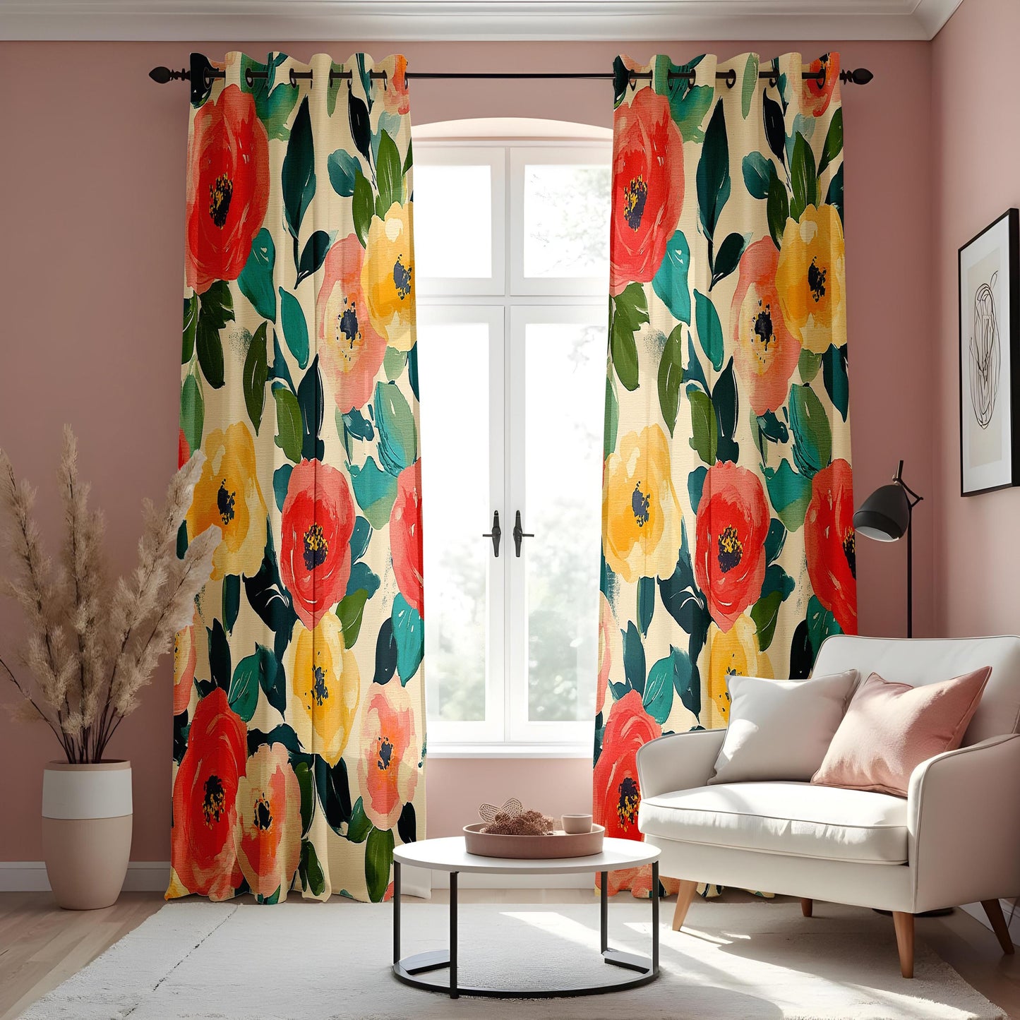 Floral Print Curtains, Vibrant Red & Yellow Poppies with Green Leaves