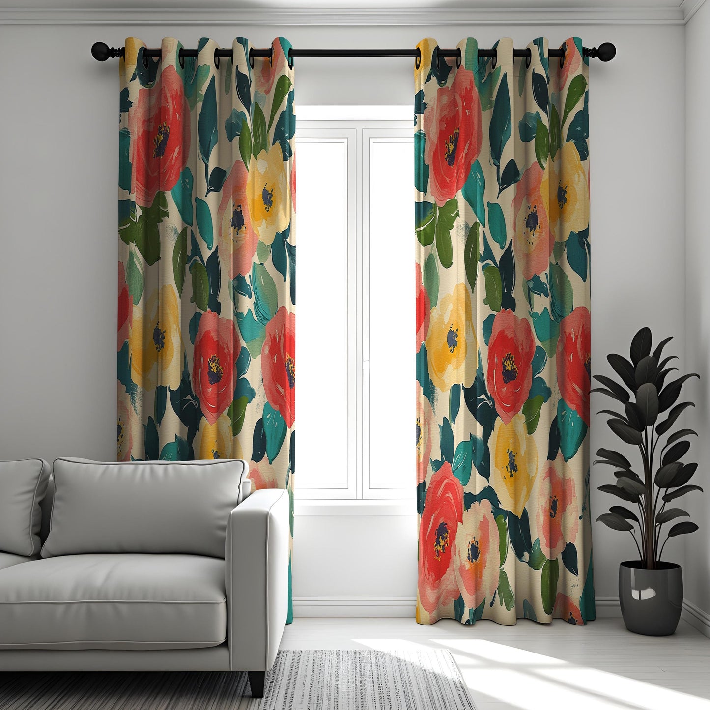 Floral Print Curtains, Vibrant Red & Yellow Poppies with Green Leaves