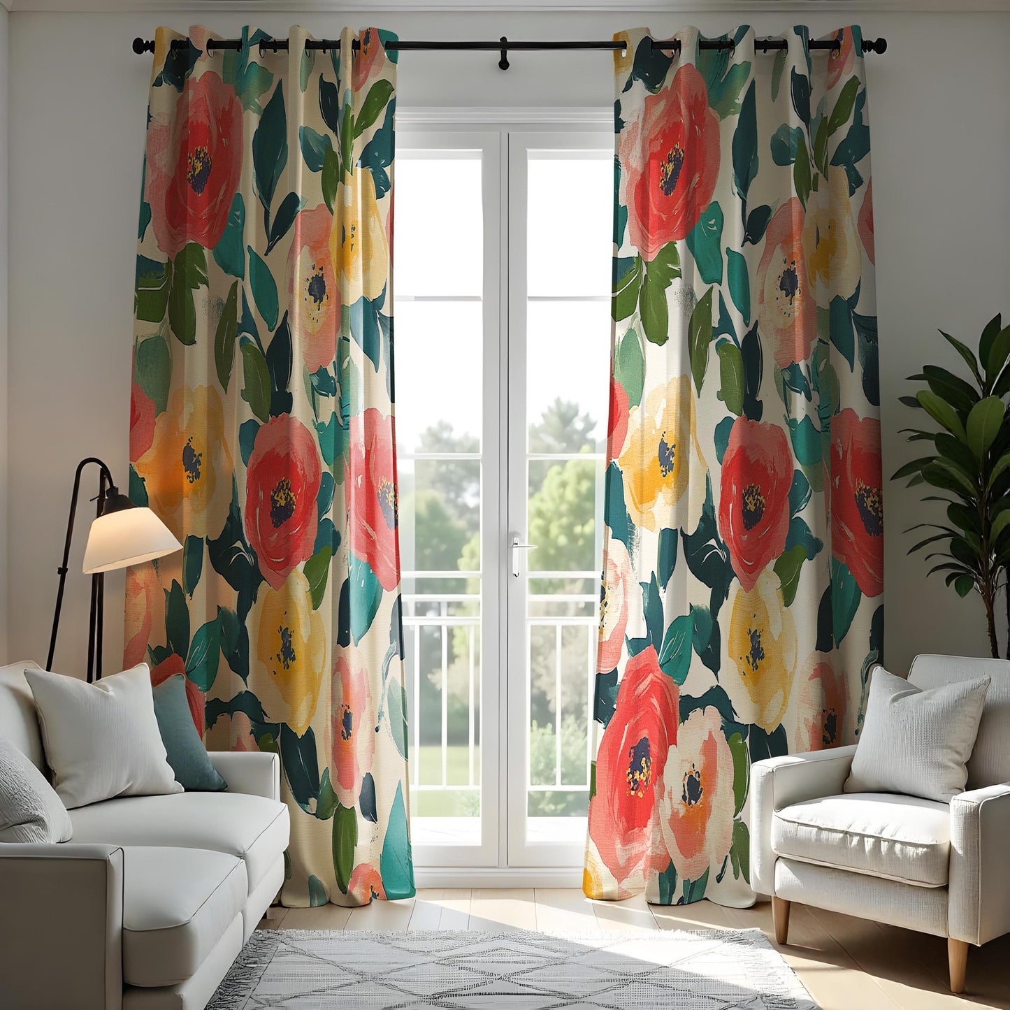 Floral Print Curtains, Vibrant Red & Yellow Poppies with Green Leaves