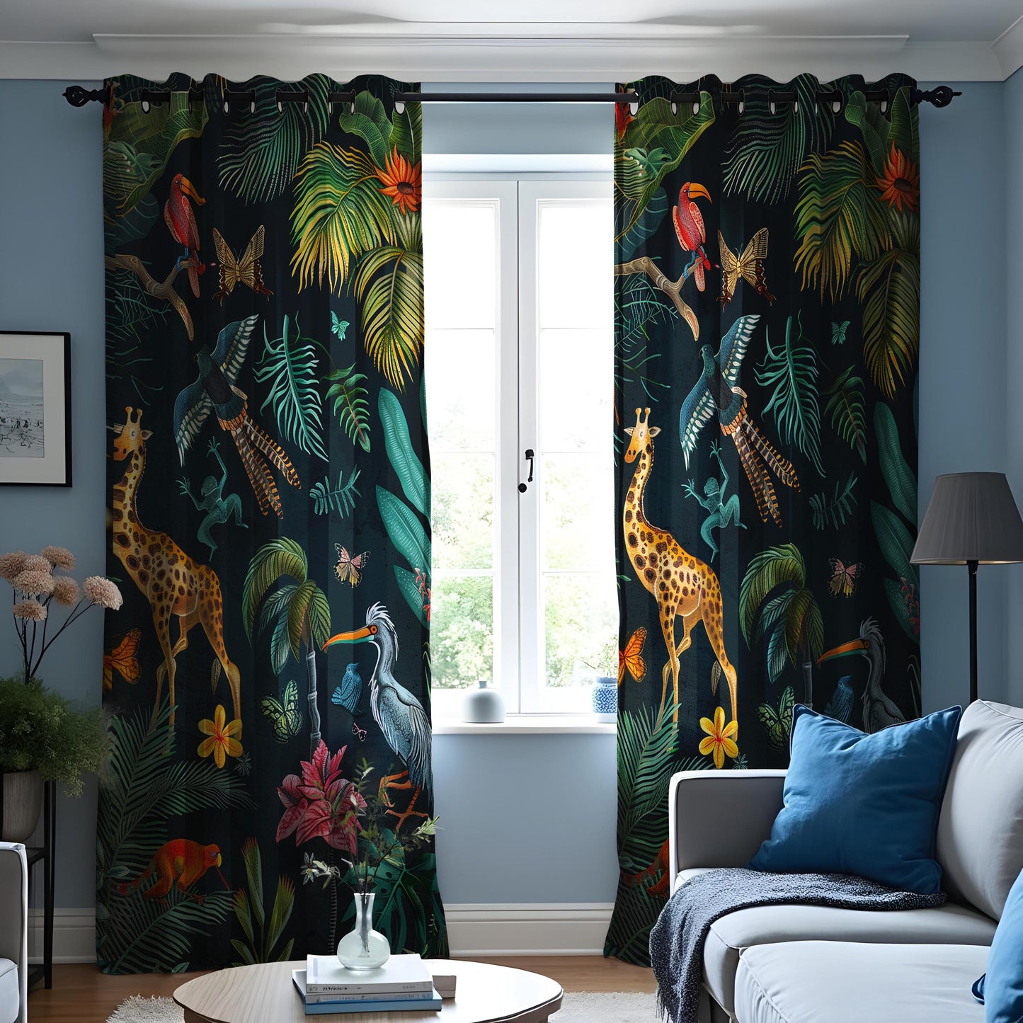 Tropical Wildlife Curtains, Exotic Animals & Plants Print Drapes