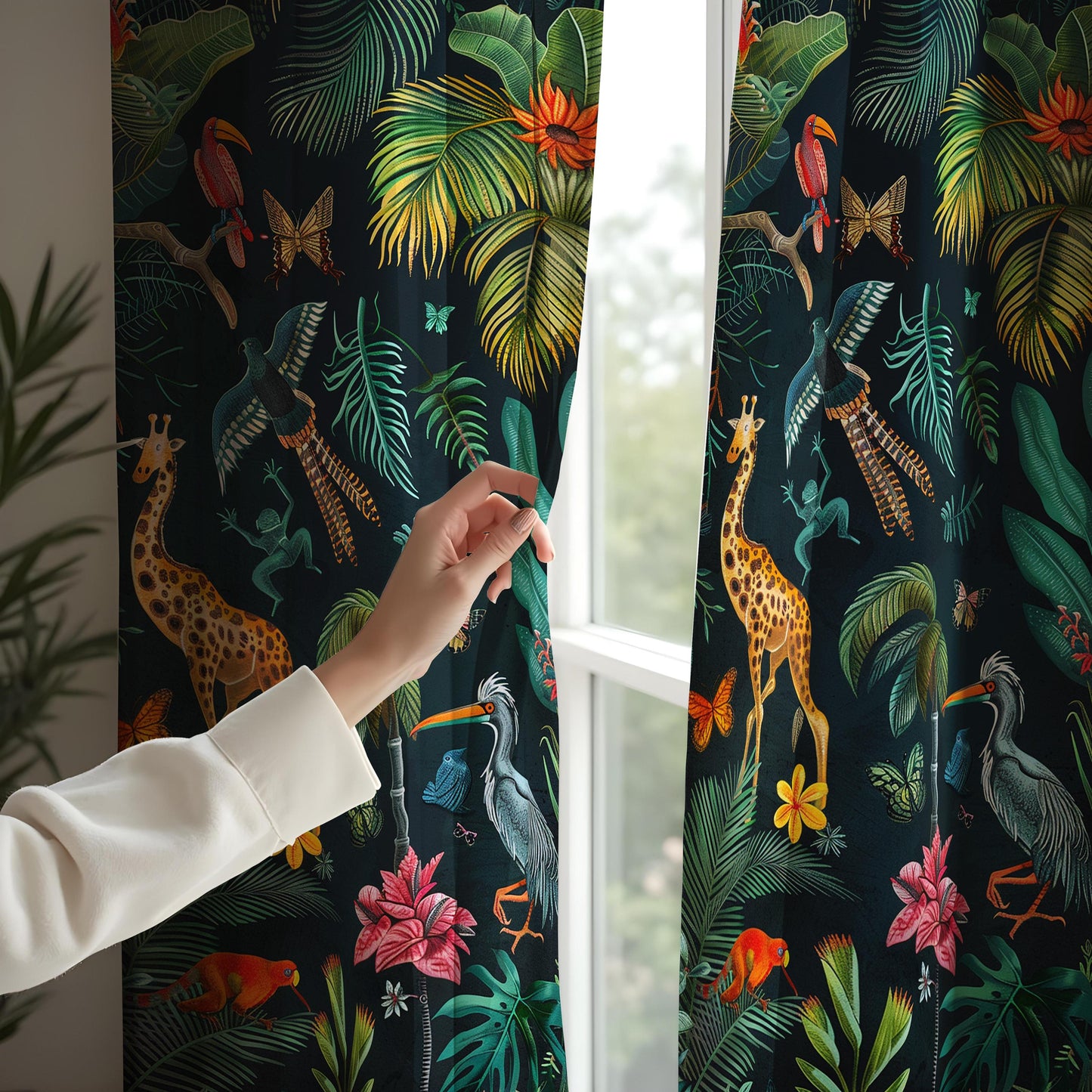 Tropical Wildlife Curtains, Exotic Animals & Plants Print Drapes