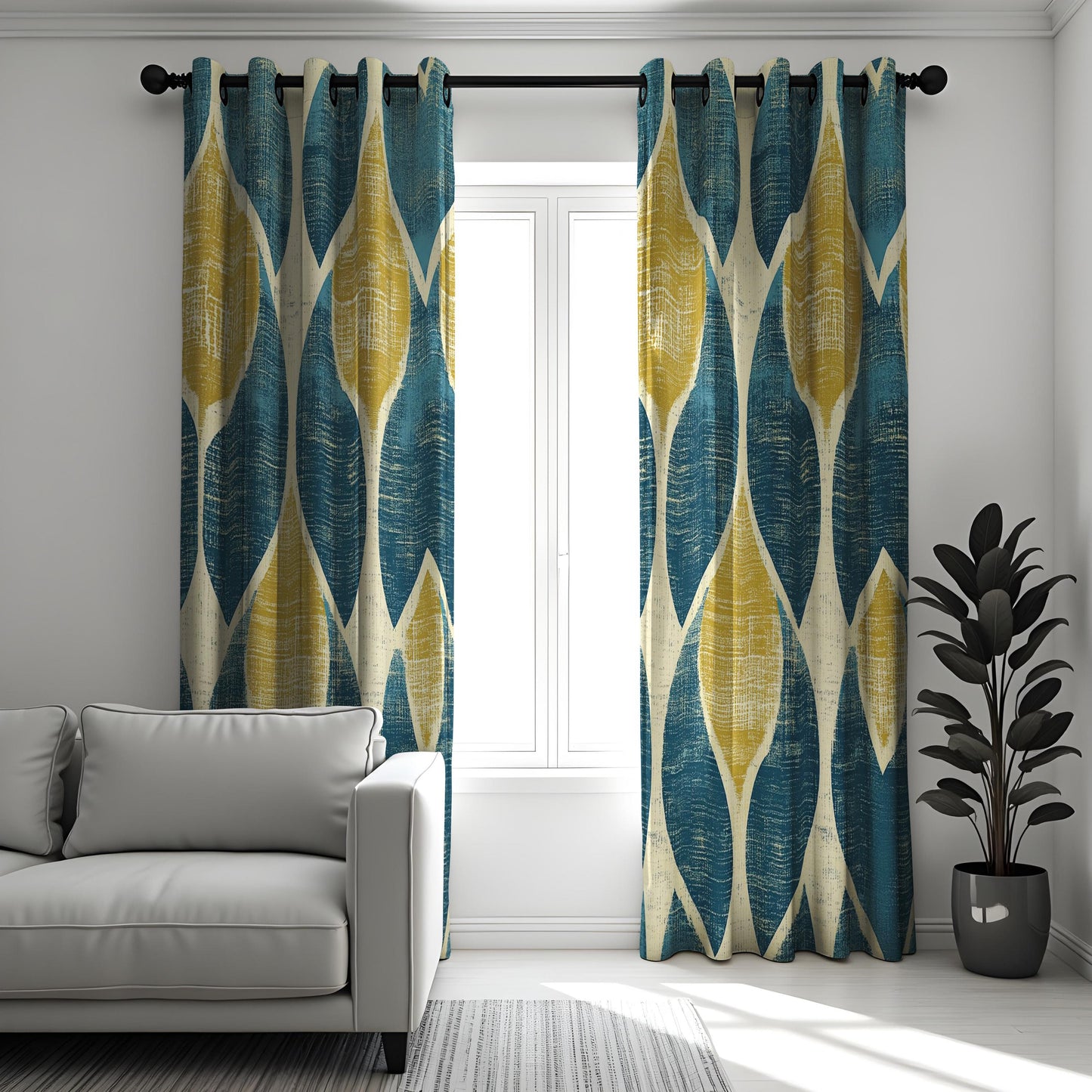 Geometric Blue and Yellow Curtains, Abstract Modern Pattern Drapes